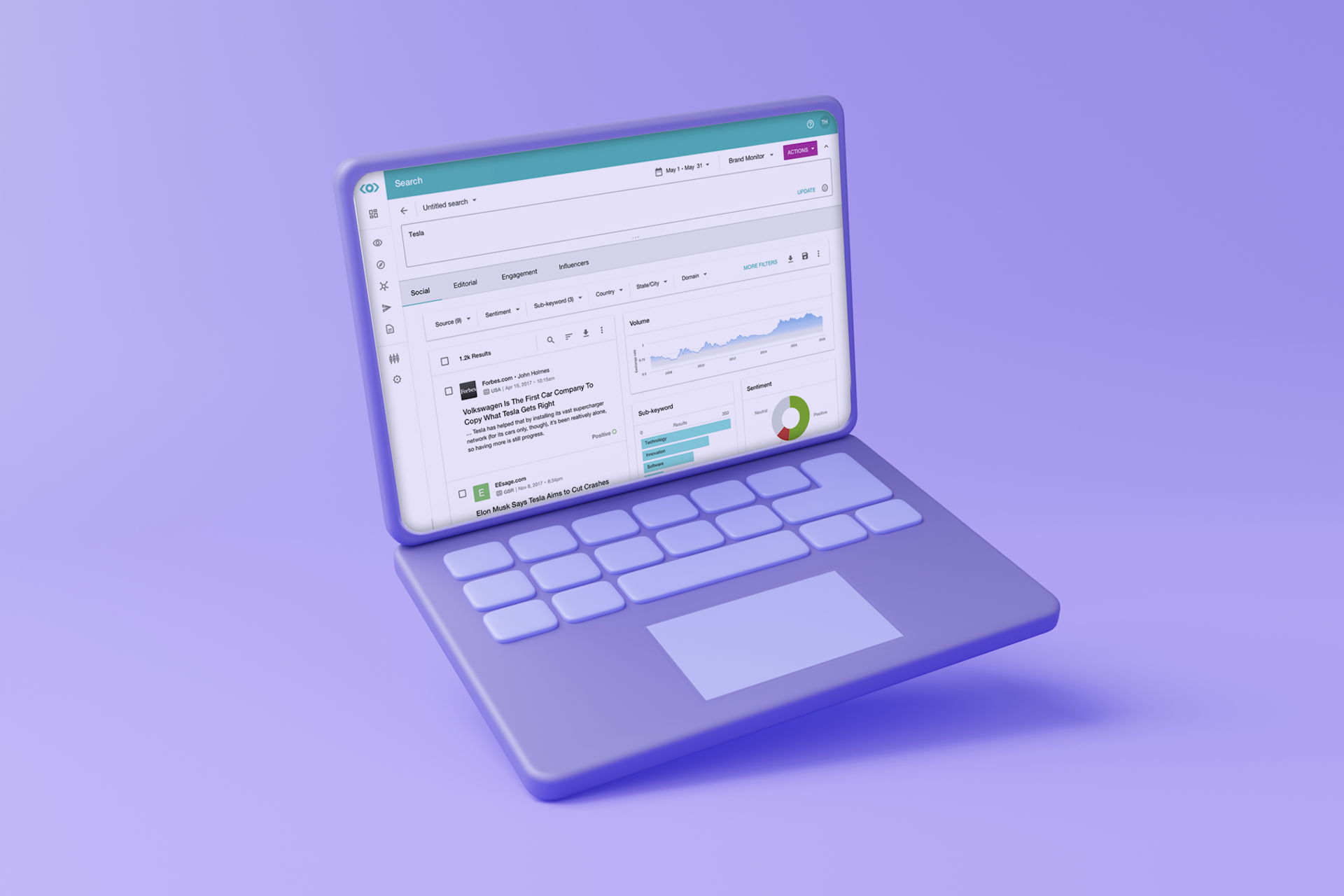 An image showing a purple laptop open on the Meltwater Suite with graphs and social listening insights, on a pale purple background. Meltwater vs Cision blog post