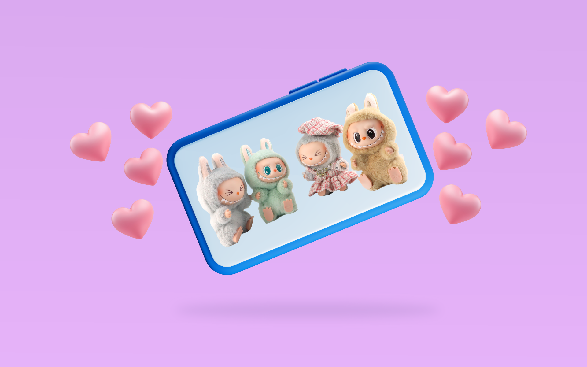 Four Labubu dolls appear on a smartphone screens surrounded by small pink hearts against a violet background