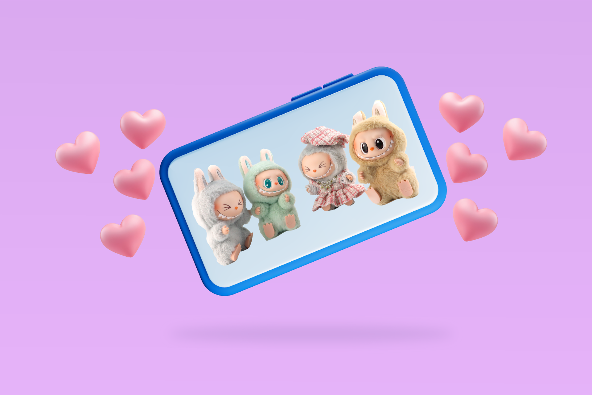 Four Labubu dolls appear on a smartphone screens surrounded by small pink hearts against a violet background