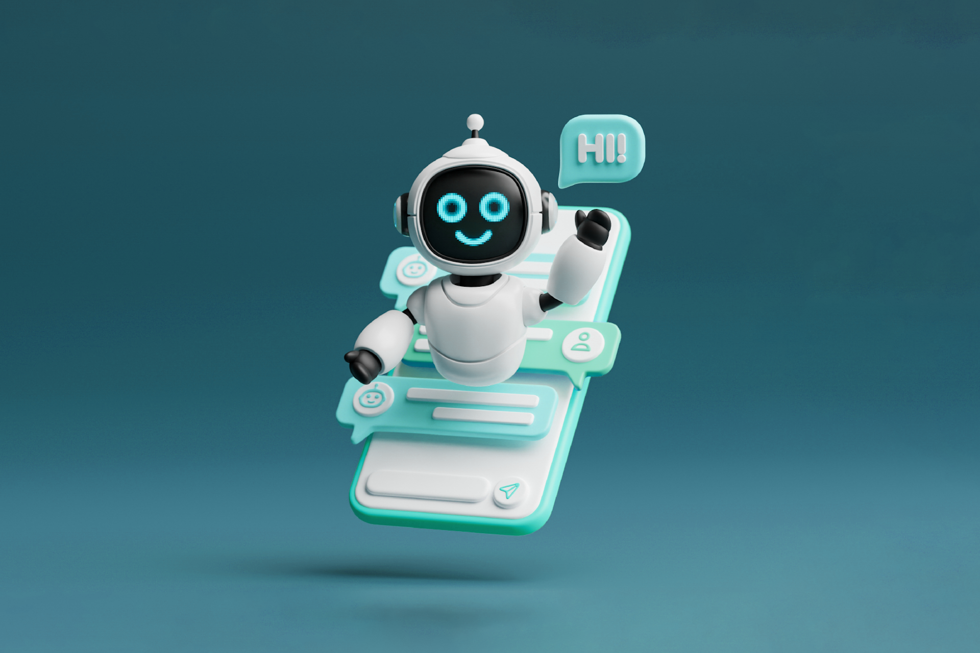 A robot pops out of messages on a smartphone beside a speech bubble that says "Hi!"
