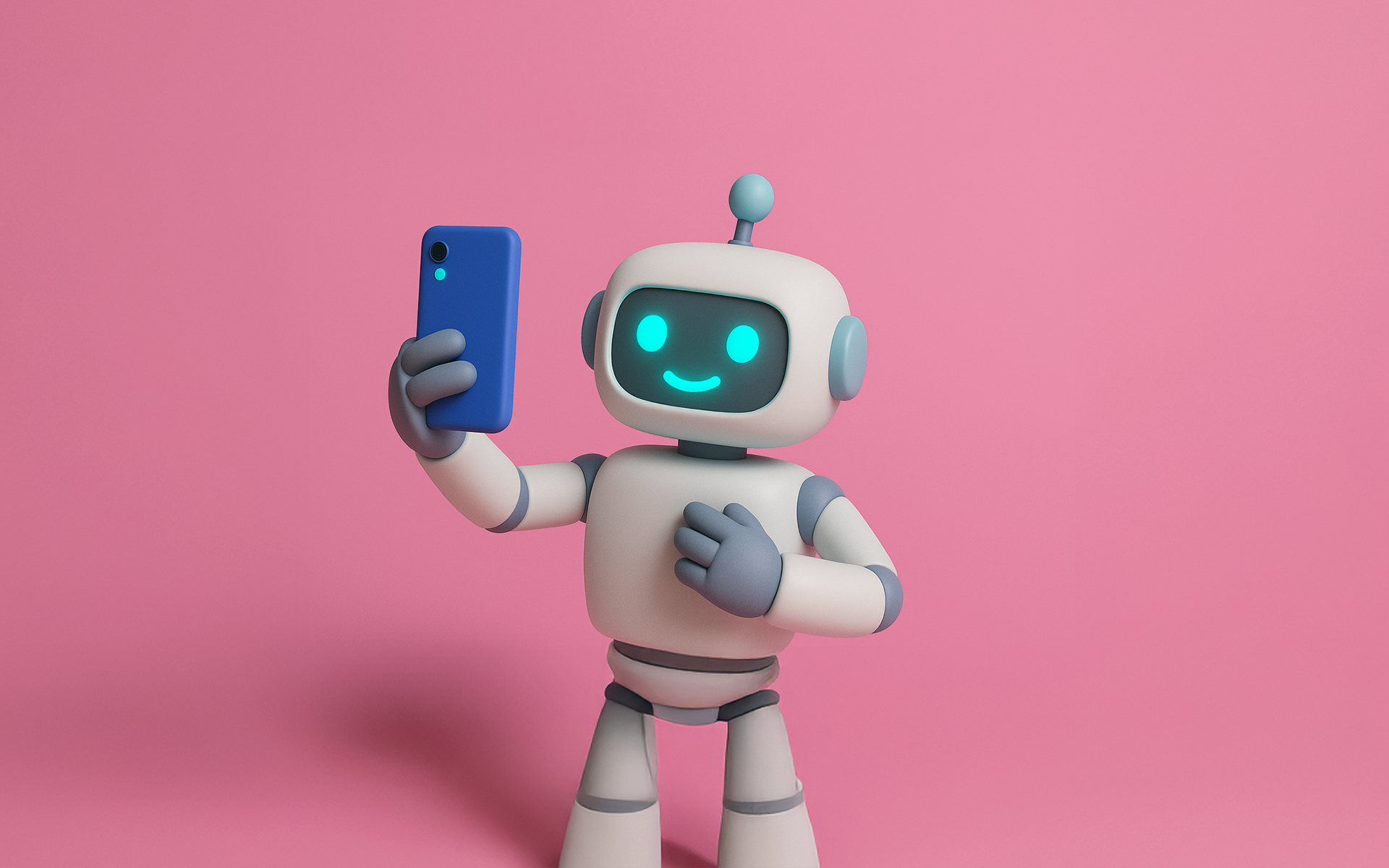 A robot takes a selfie against a pink background