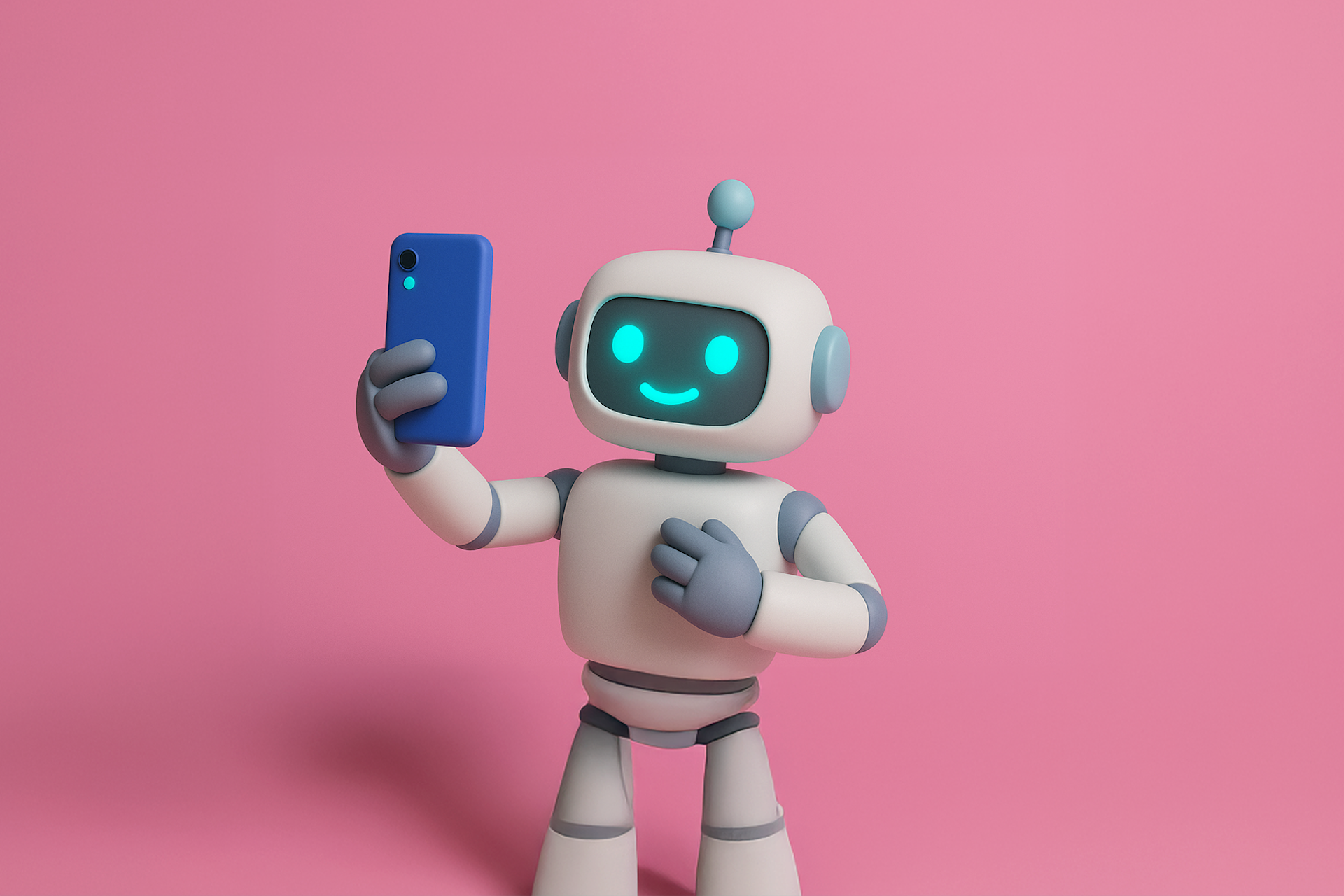 A robot takes a selfie against a pink background