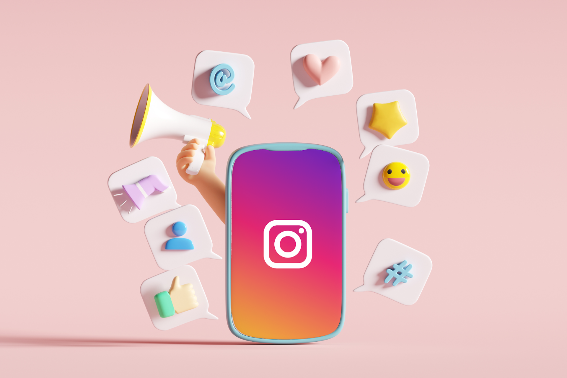An image of a phone face with Instagram colors and a white Instagram logo in the center. The phone is surrounded by various social media symbols like an at sign, hashtag, and heart. These all symbolize how top Instagram influencers can amplify brand messages.