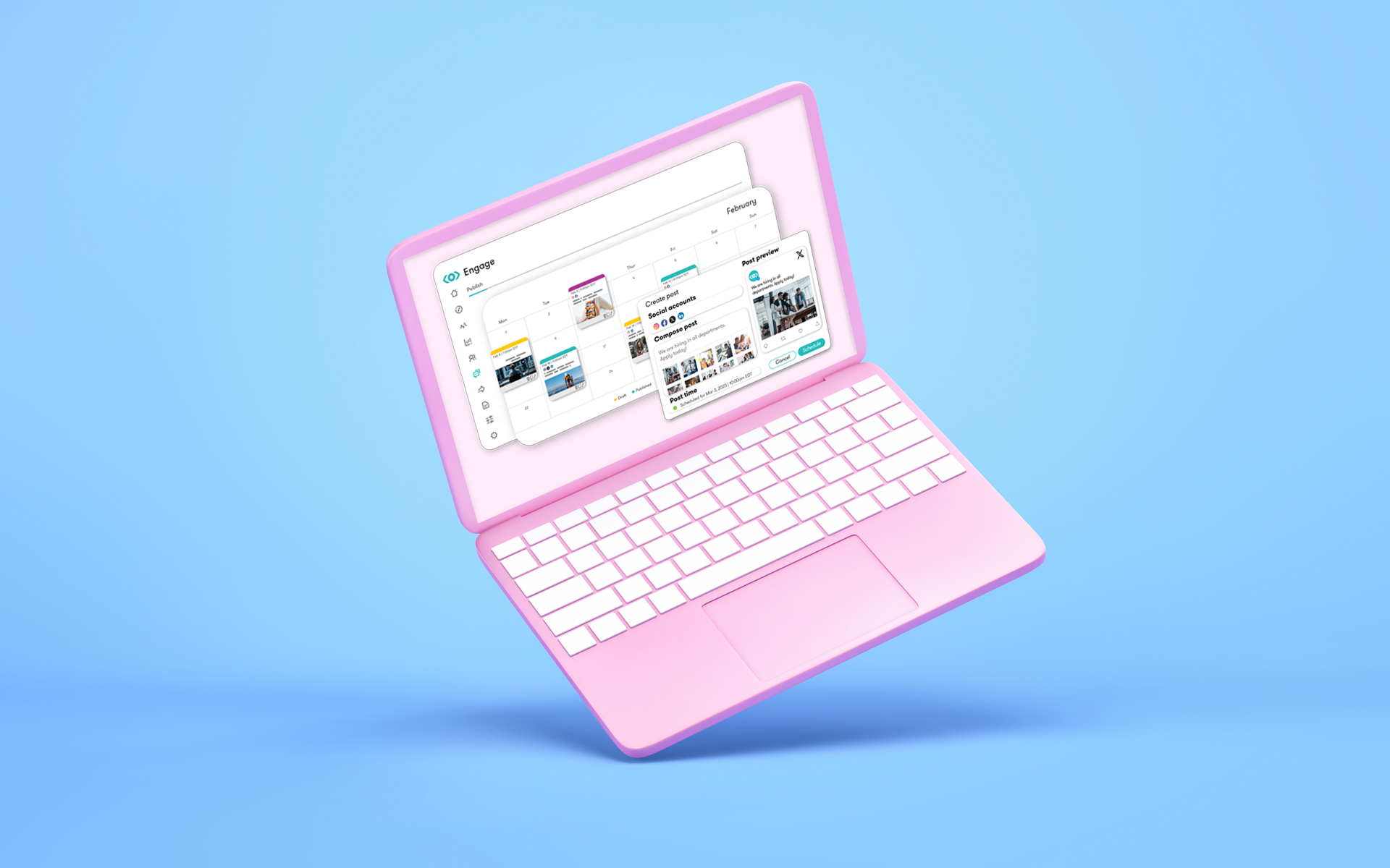 Looking for an alternative to Hootsuites social media management solution? This image shows a pink laptop with Meltwaters social management software on the screen. In this blog, we explore alternative social media solutions to Hootsuite.