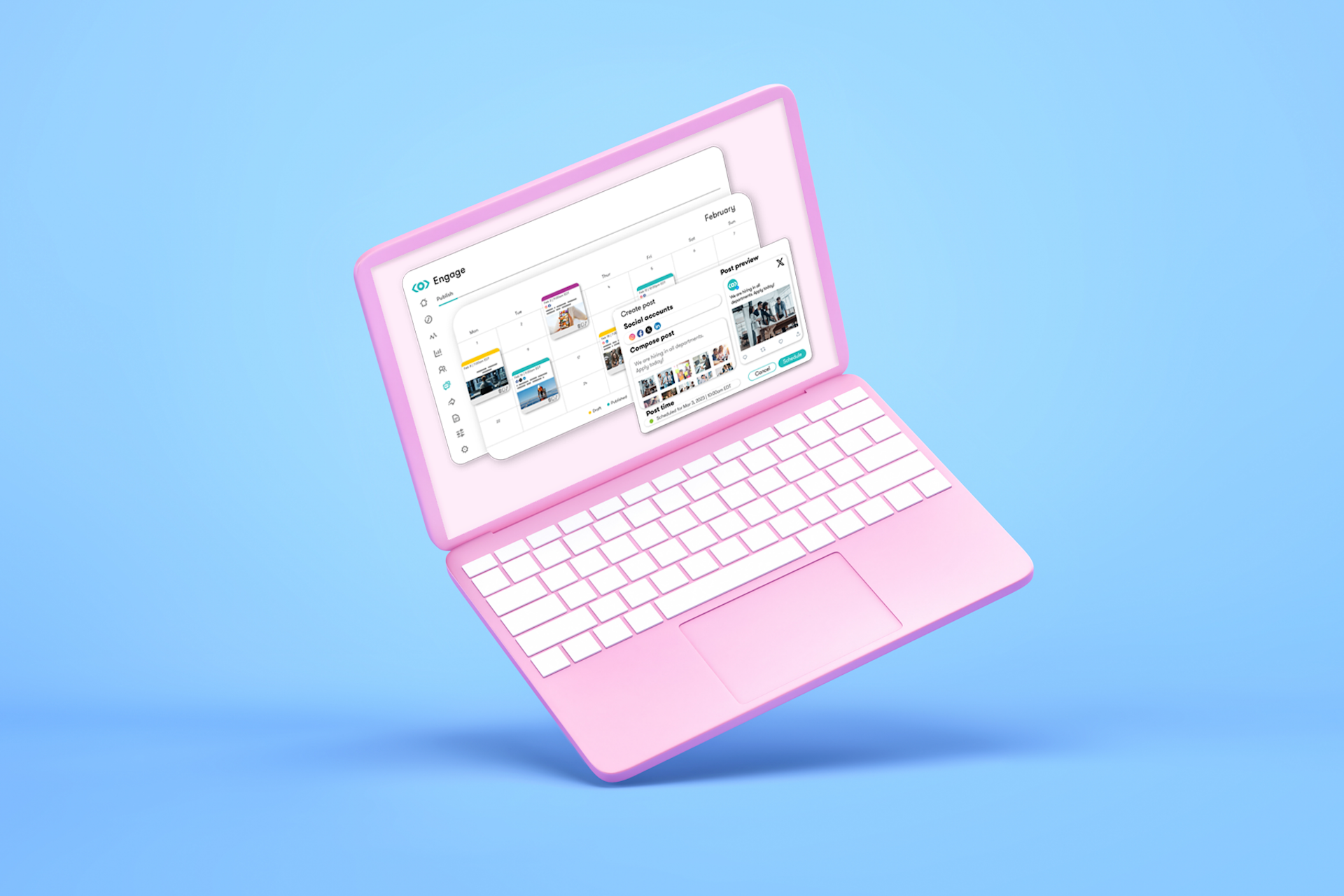 Looking for an alternative to Hootsuites social media management solution? This image shows a pink laptop with Meltwaters social management software on the screen. In this blog, we explore alternative social media solutions to Hootsuite.