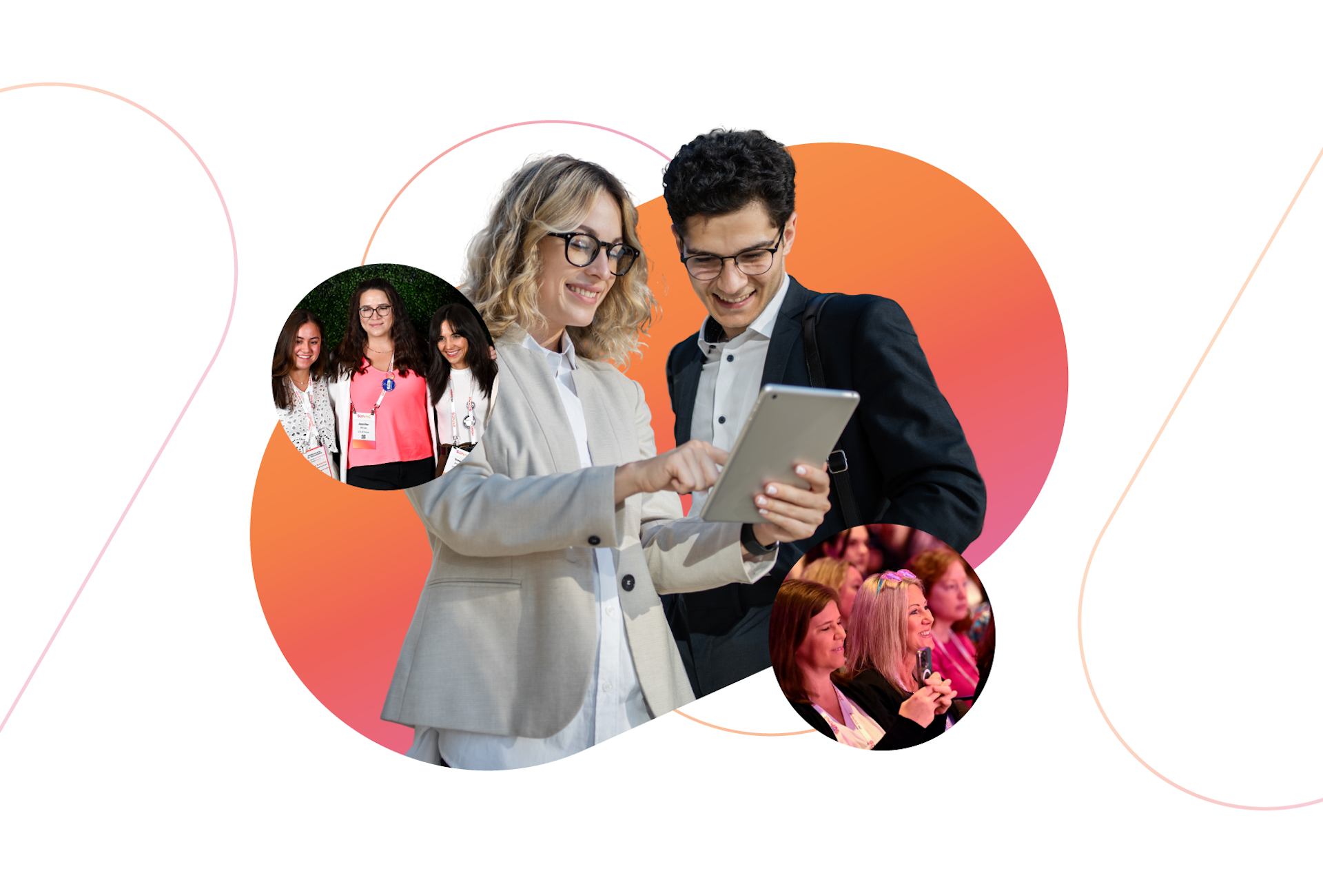 Ein Bild von zwei lächelnden PR-Direktoren, die auf ein iPad schauen. Außerdem sind zwei kleine Sprechblasen mit Bildern vom Meltwater Summit 2025 zu sehen. Titelbild für das Summit PR- und Kommunikationshandbuch.