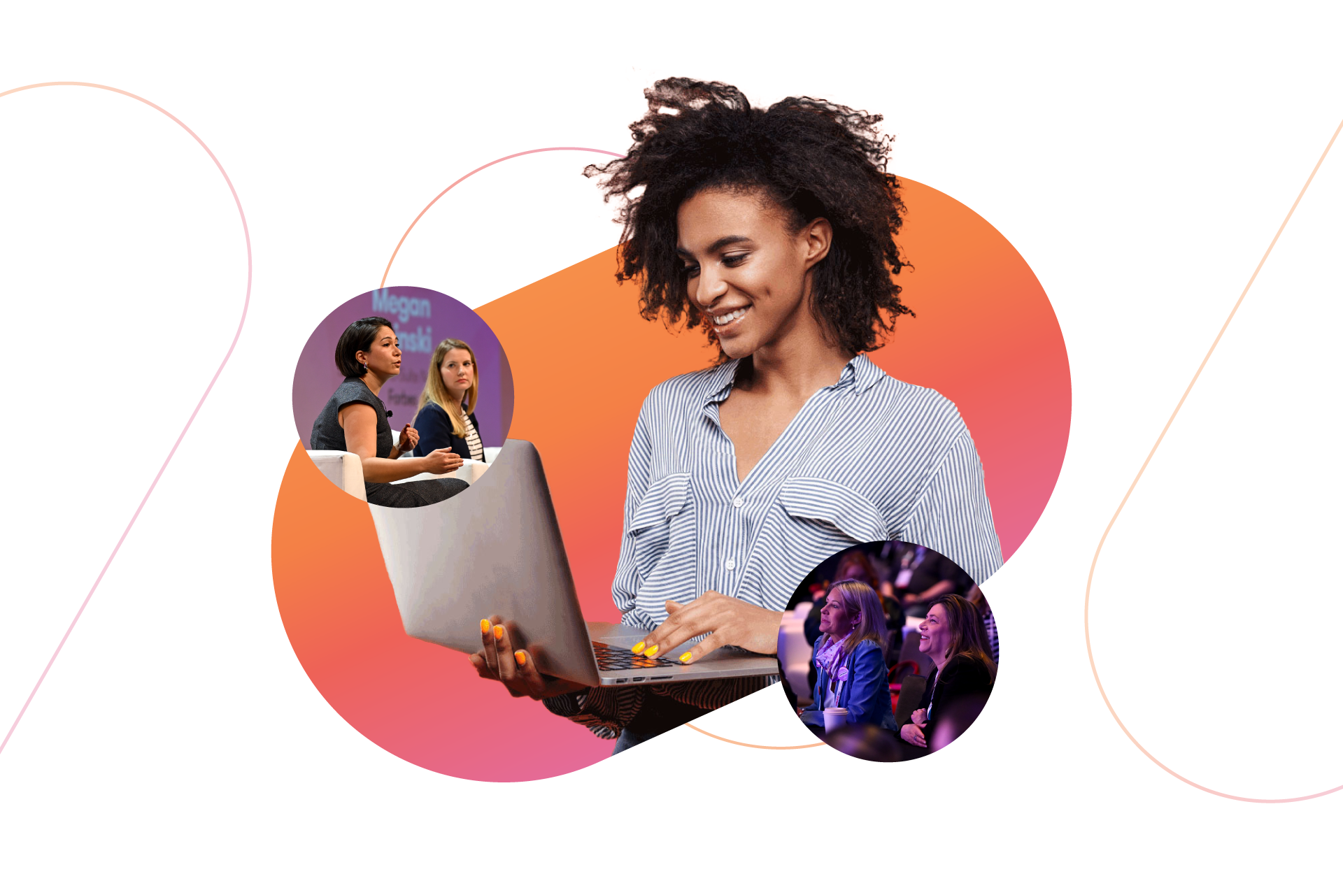 An image of a smiling PR director looking at a laptop. There are also two small bubbles with images from the Meltwater Summit 2025. Cover image for the Summit PR and Comms playbook.