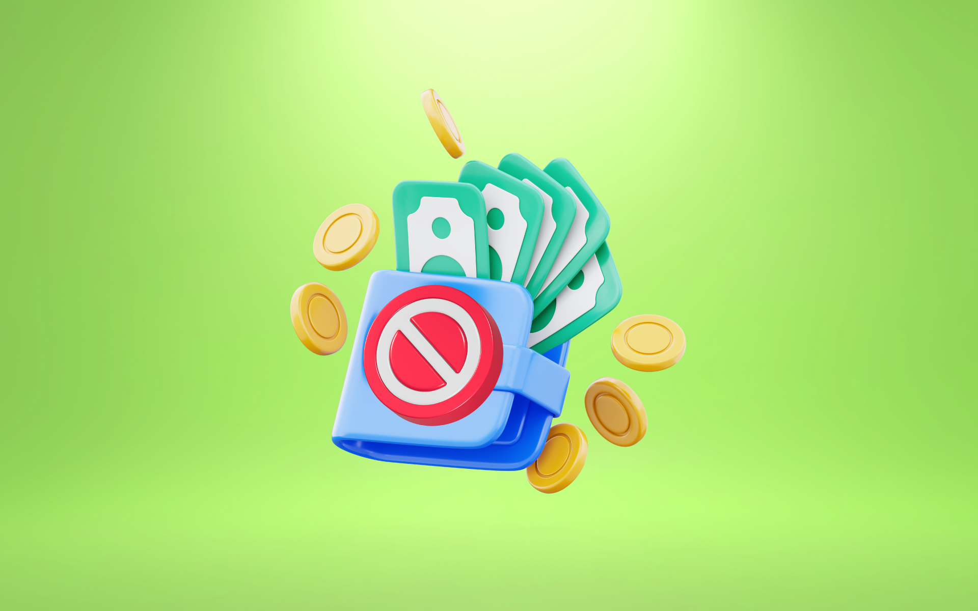 A wallet with money bursting out of it marked but a big red no symbol