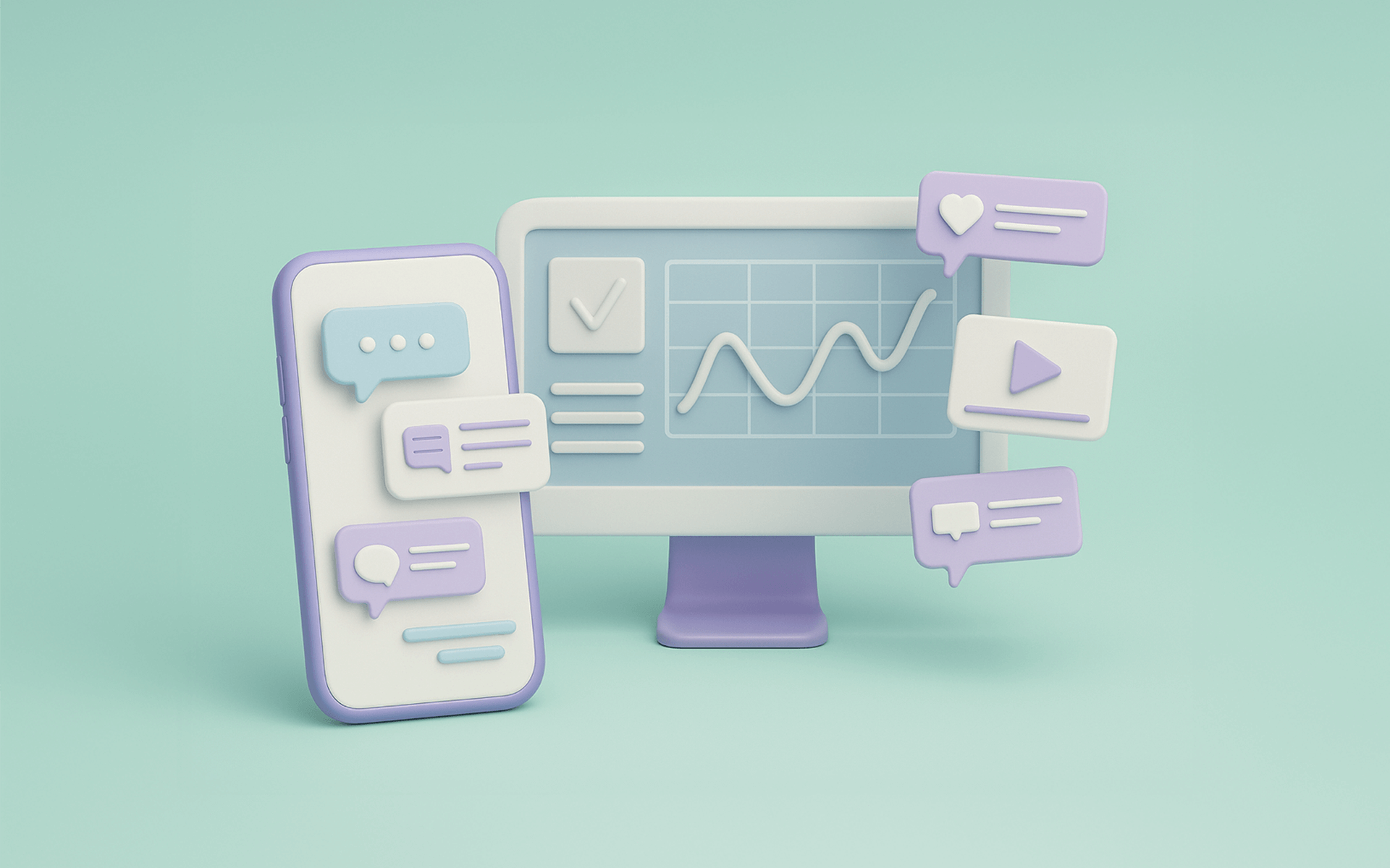 illustration of a desktop monitor and smartphone with charts and graphs representing earned media monitoring