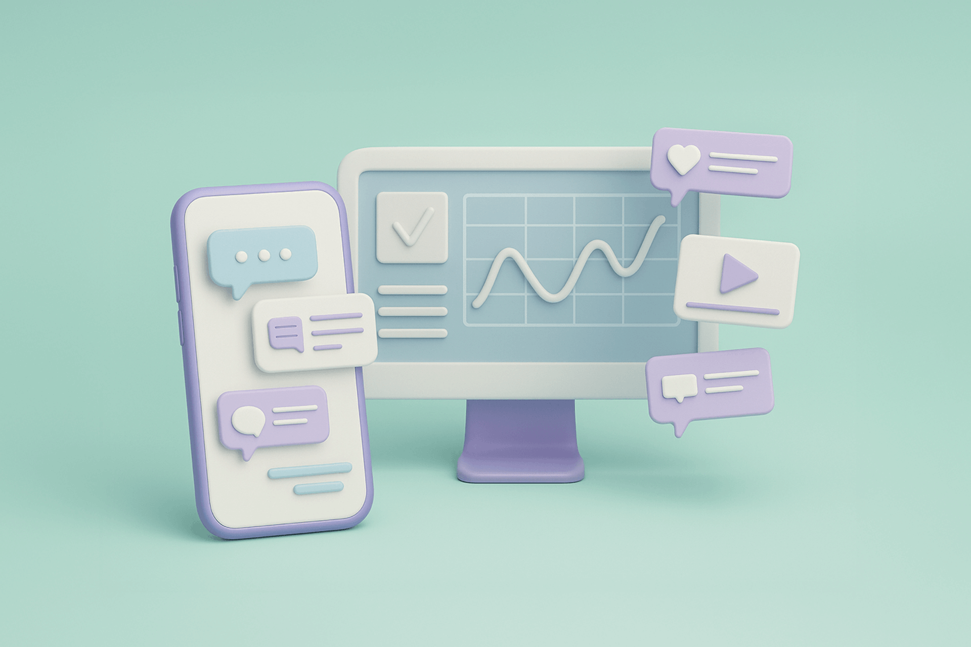 illustration of a desktop monitor and smartphone with charts and graphs representing earned media monitoring