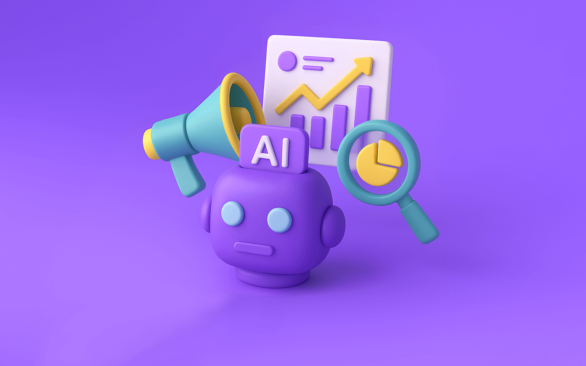 illustration of a robot surrounded by icons representing ai marketing tools