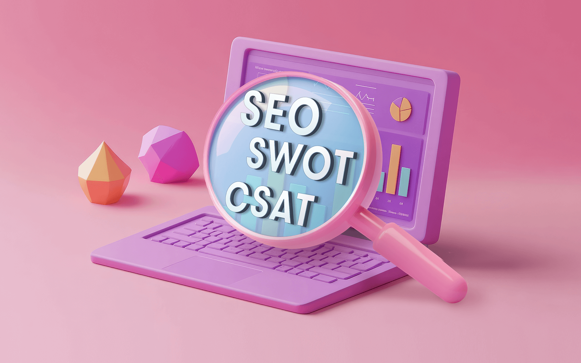 Illustration eines Laptops mit einer Lupe, die SEO, SWOT und CSAT als Wettbewerbsanalyse-Tools darstellt.