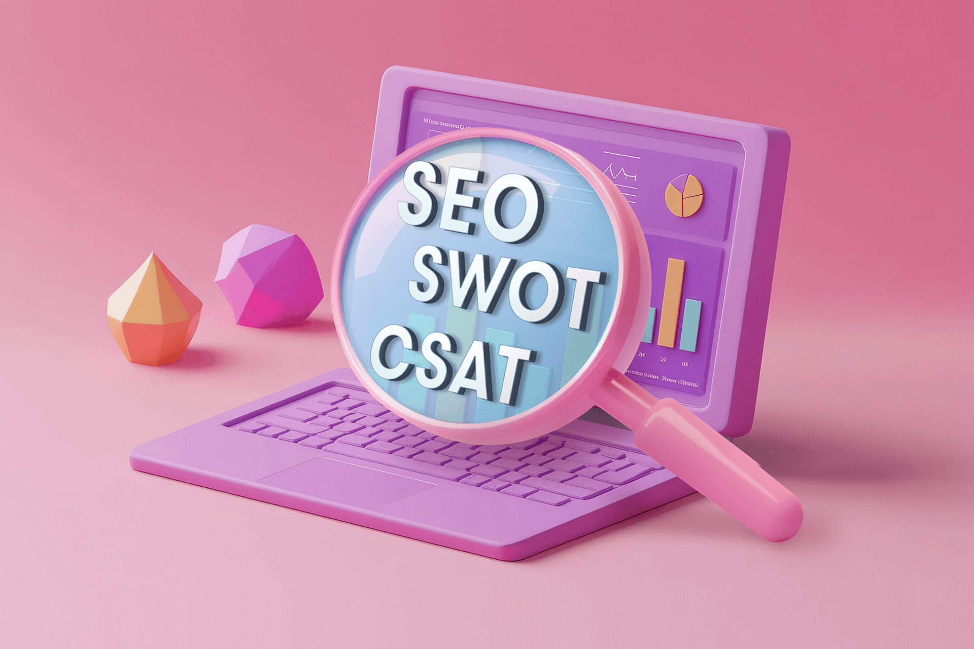 Illustration eines Laptops mit einer Lupe, die SEO, SWOT und CSAT als Wettbewerbsanalyse-Tools darstellt.