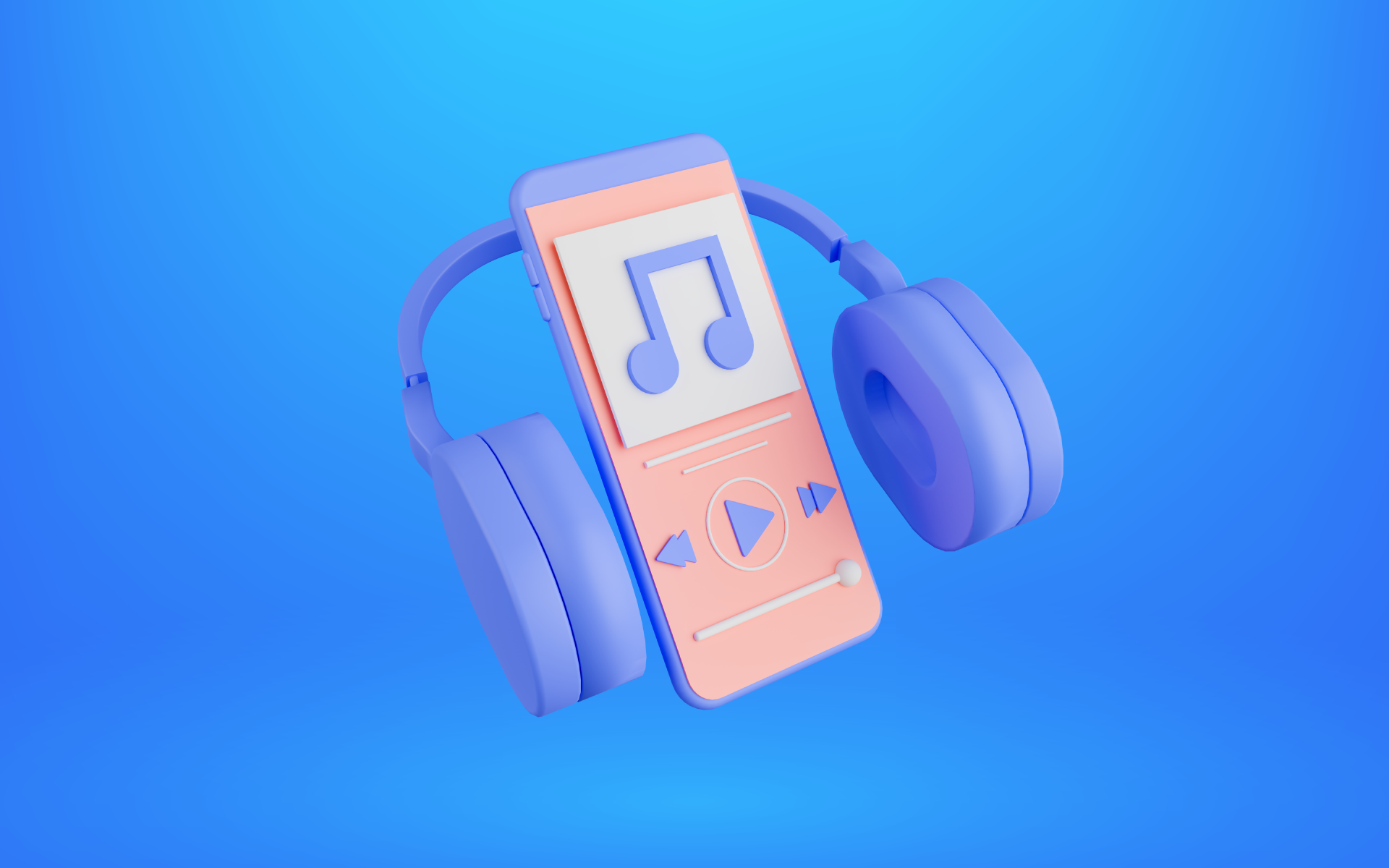 A music player on a smartphone and over ear headphones hover against a blue background