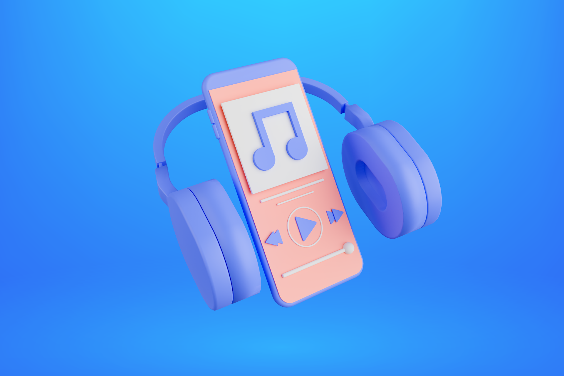 A music player on a smartphone and over ear headphones hover against a blue background