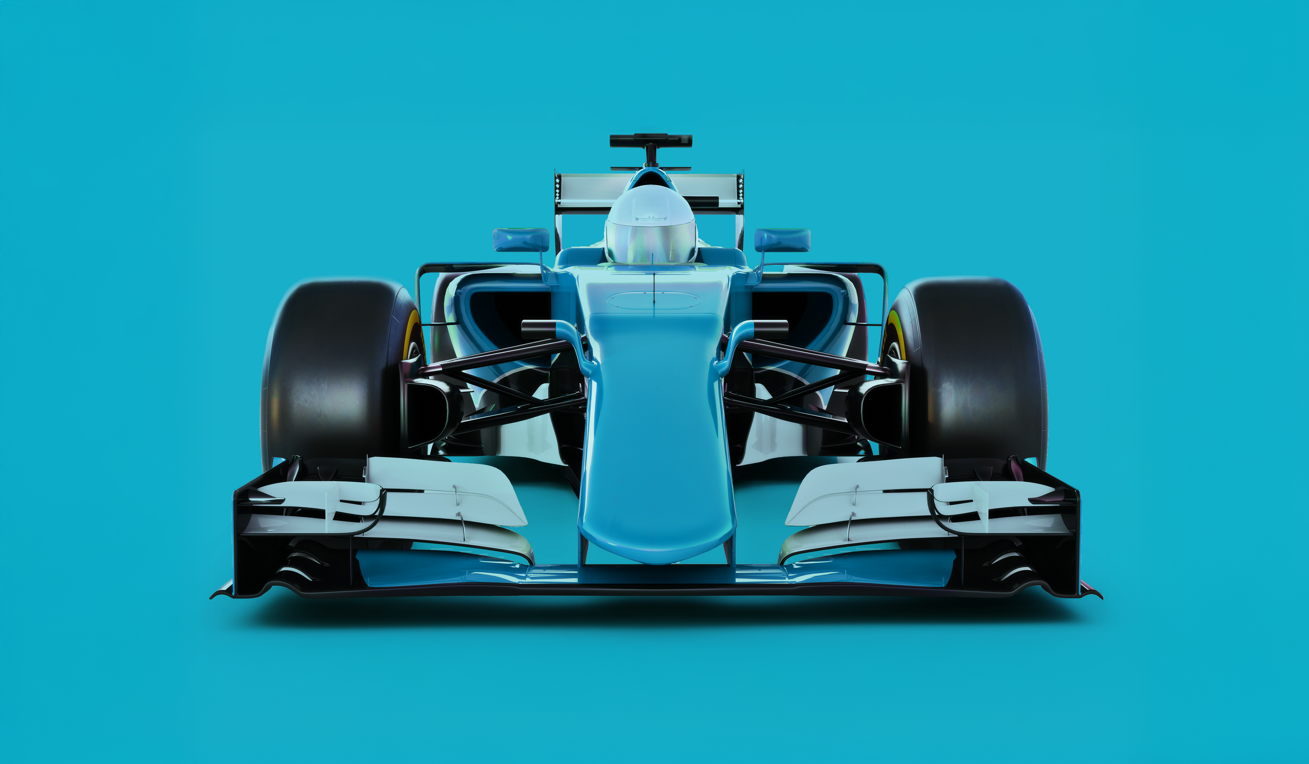 A head-on view of a blue race car against a blue background