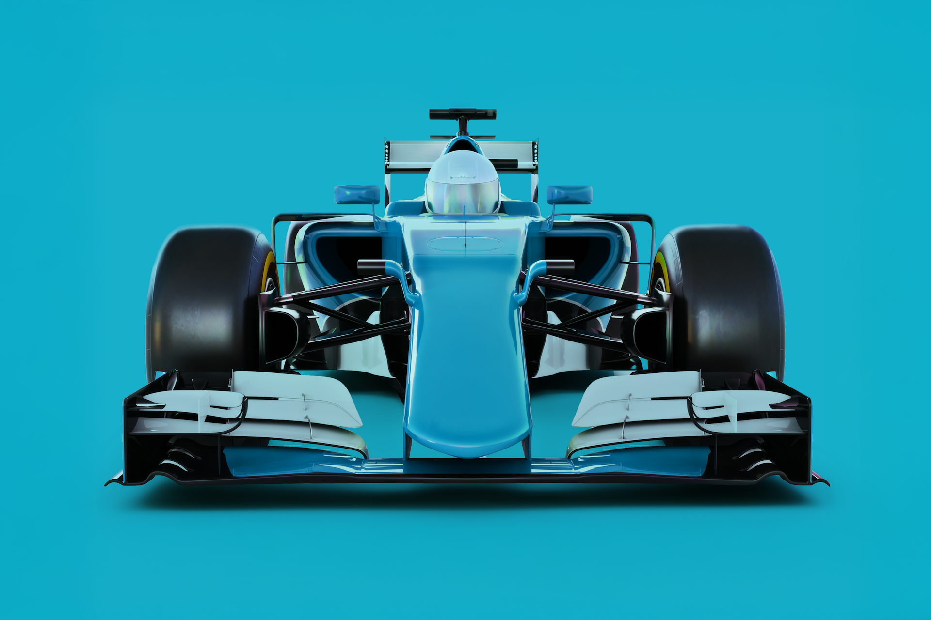A head-on view of a blue race car against a blue background