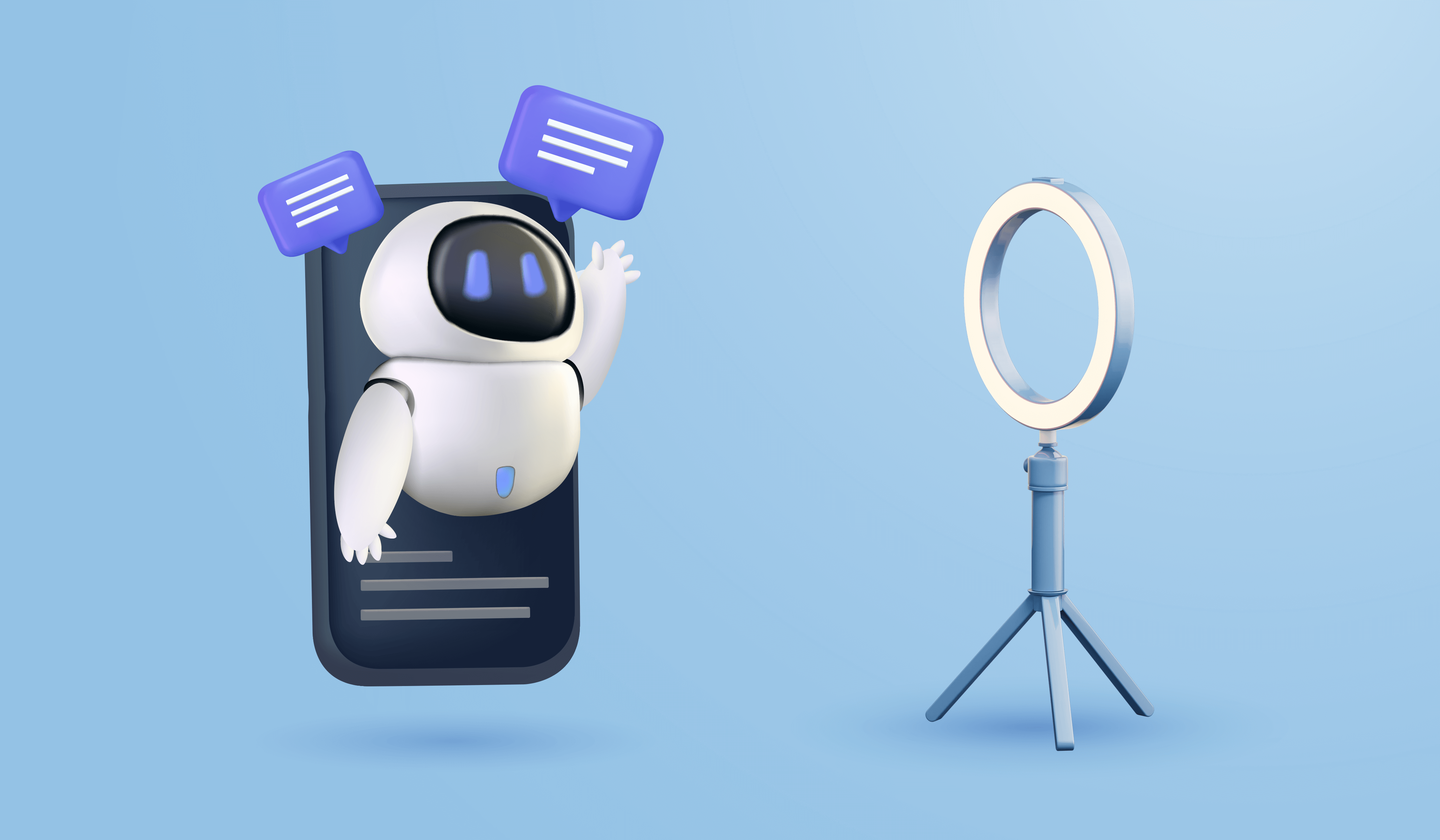 illustration of a little robot in an iphone screen waving at a ring light representing AI in influencer marketing
