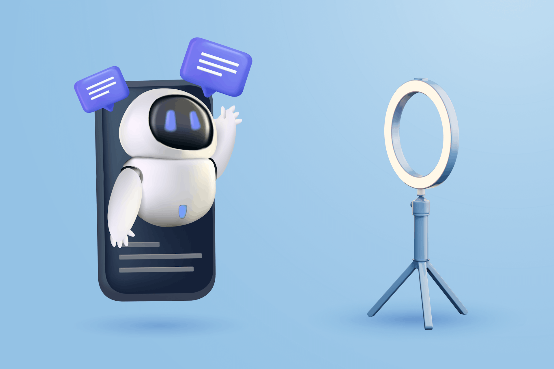 illustration of a little robot in an iphone screen waving at a ring light representing AI in influencer marketing