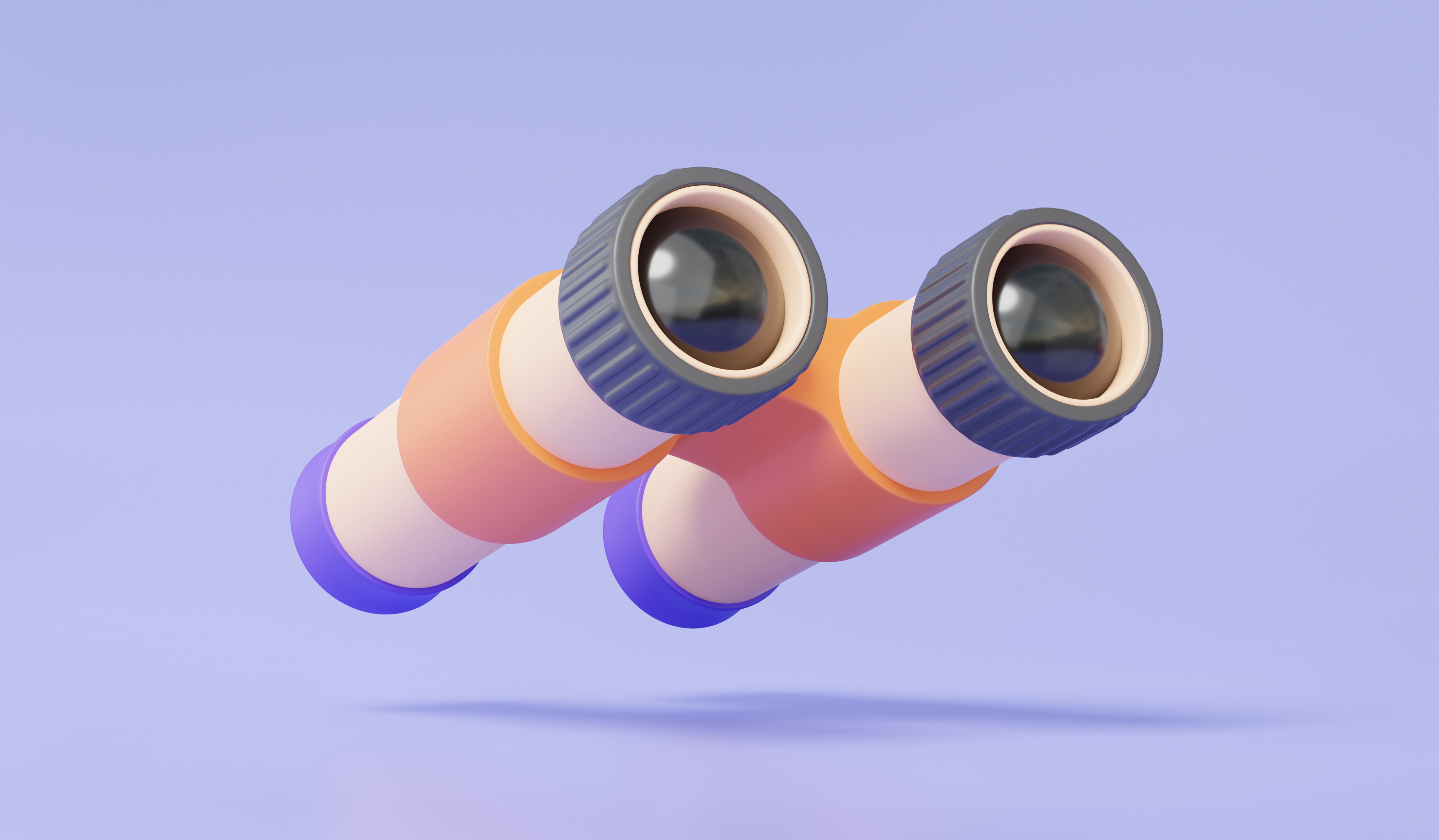 Ein Bild eines Fernglases auf einem hellvioletten Hintergrund, das PR-Monitoring symbolisiert. 