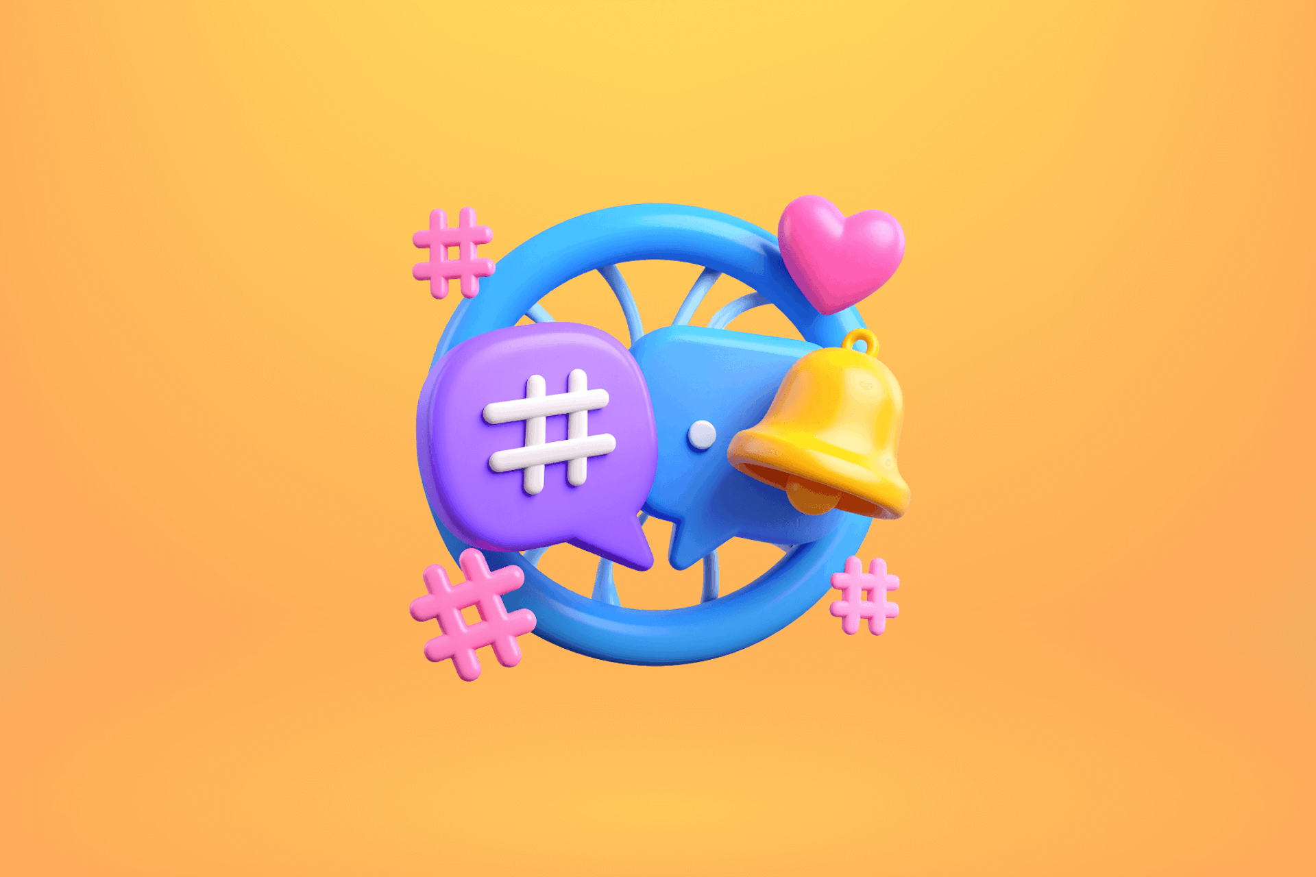 illustration of hashtag symbols surrounded by icons representing hashtag analytics