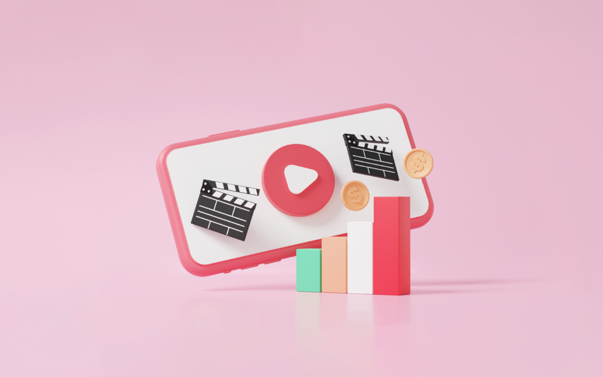 A smartphone showing a play symbol and two clapperboards behind a bar chart topped with two gold coins