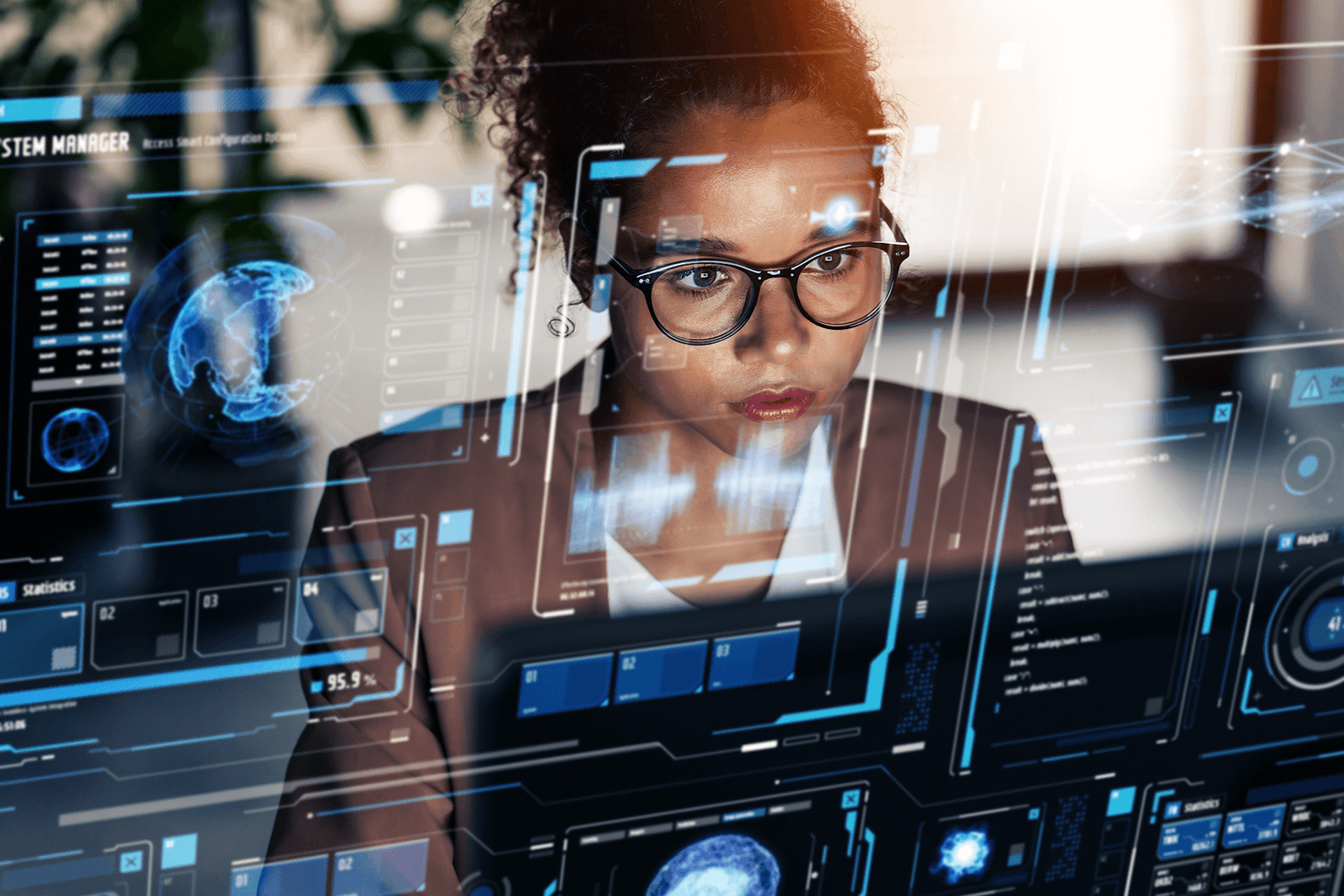 a pr professional scans a screen with different modules representing AI in PR and Communications