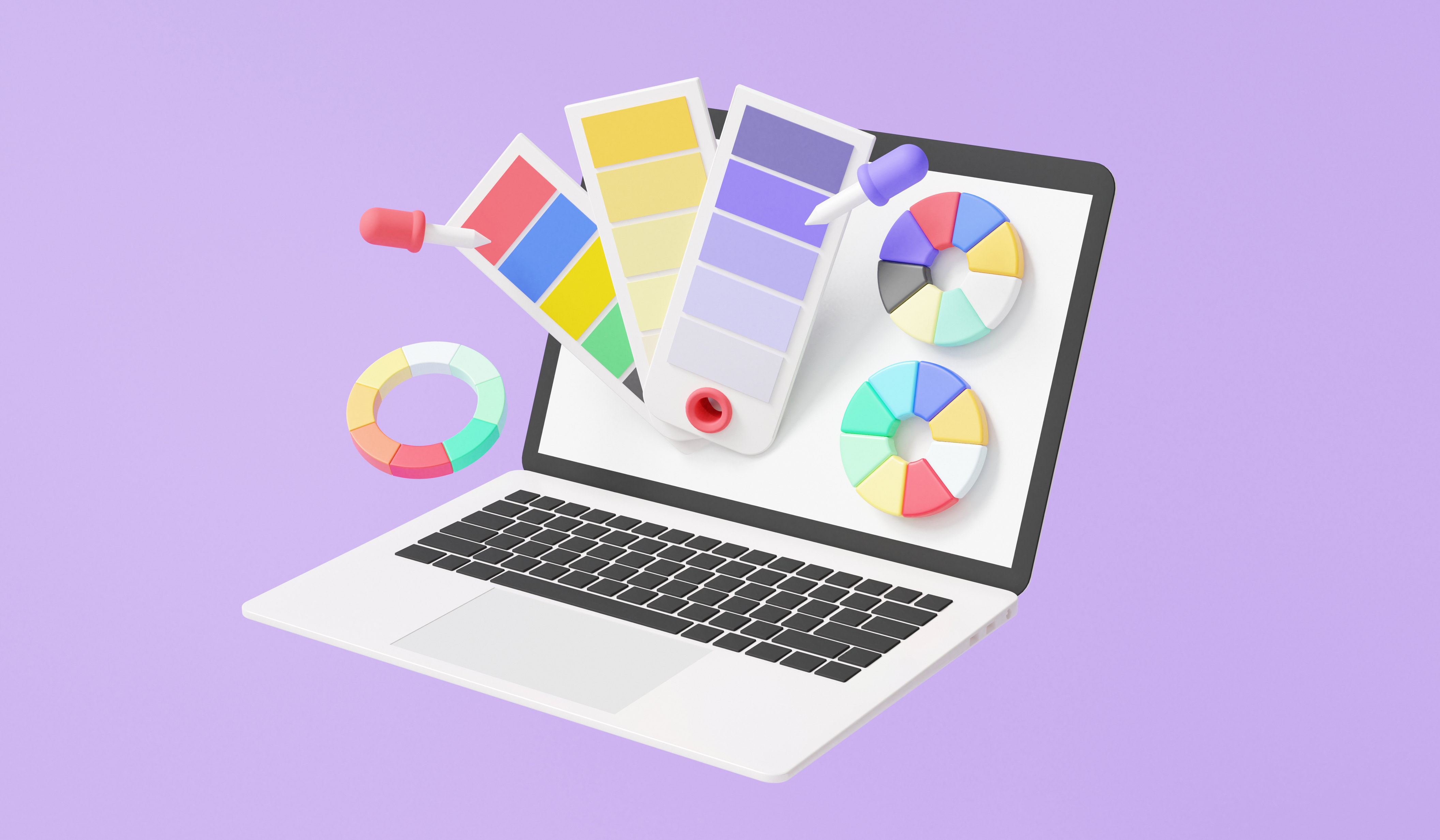 An illustration showing a laptop computer with various design symbols, like a color wheel and color swatch, floating on the screen. When to consider a rebrand blog post.