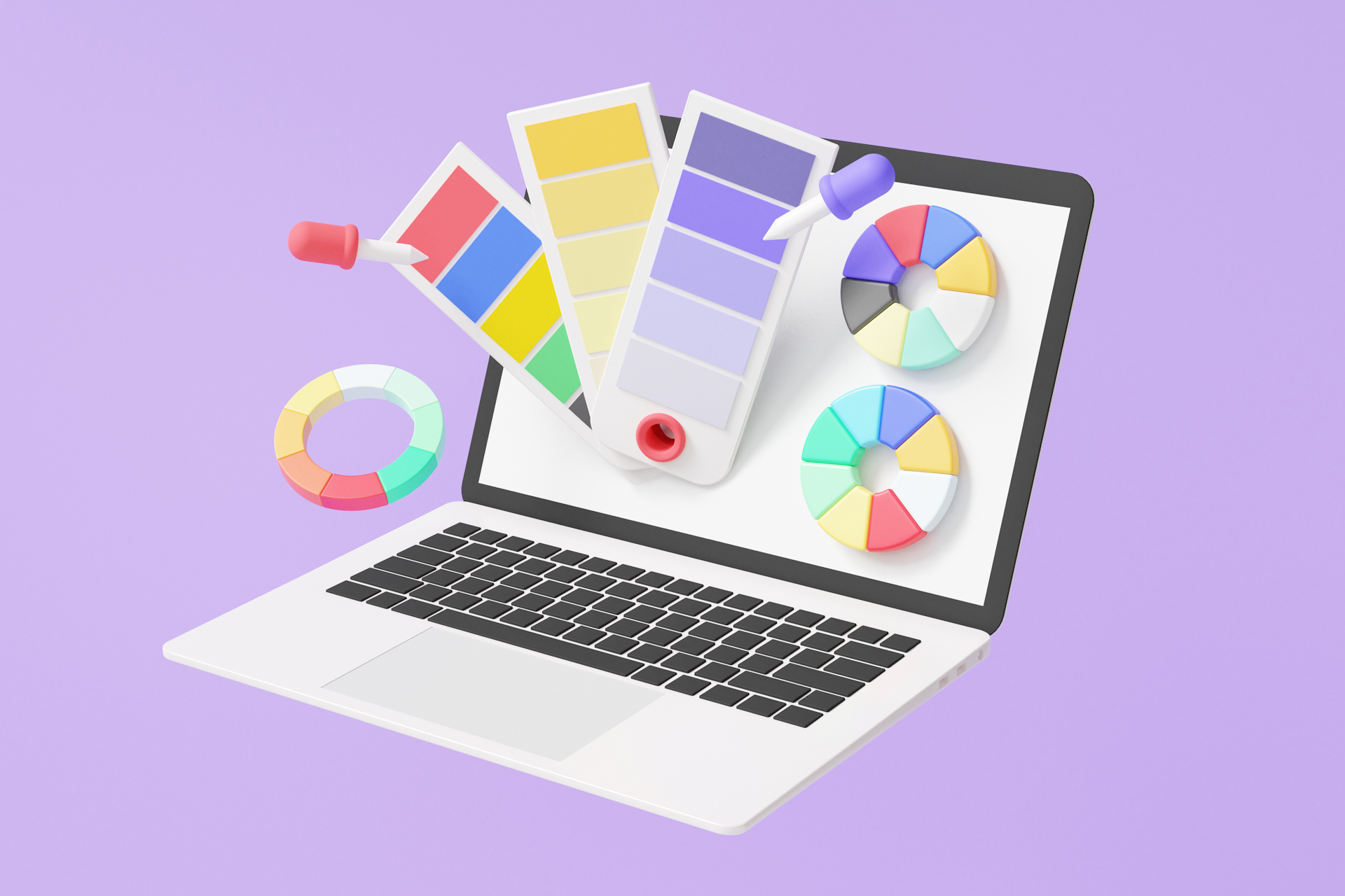 An illustration showing a laptop computer with various design symbols, like a color wheel and color swatch, floating on the screen. When to consider a rebrand blog post.