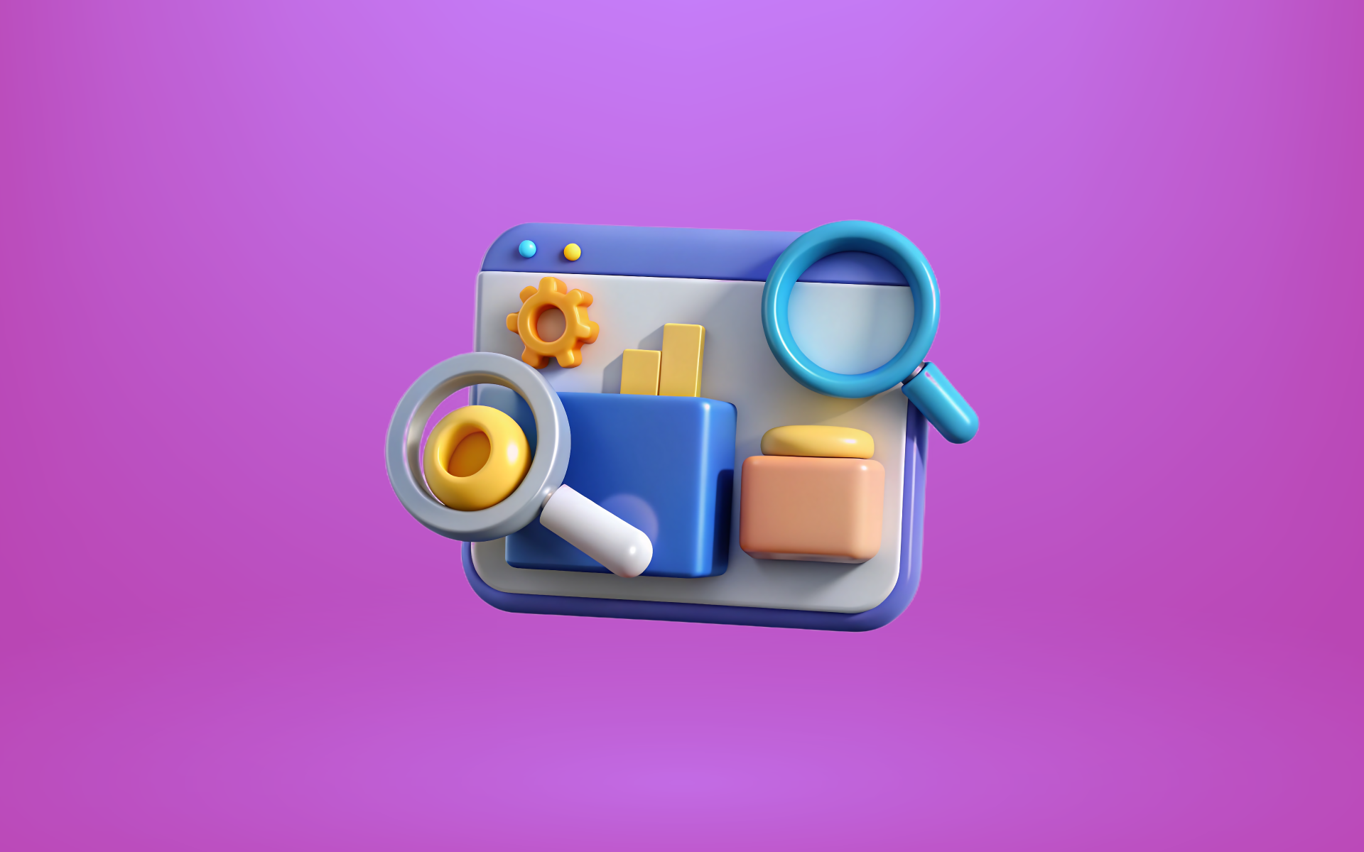 illustration of a browser window with magnifying glasses and gears representing causal research