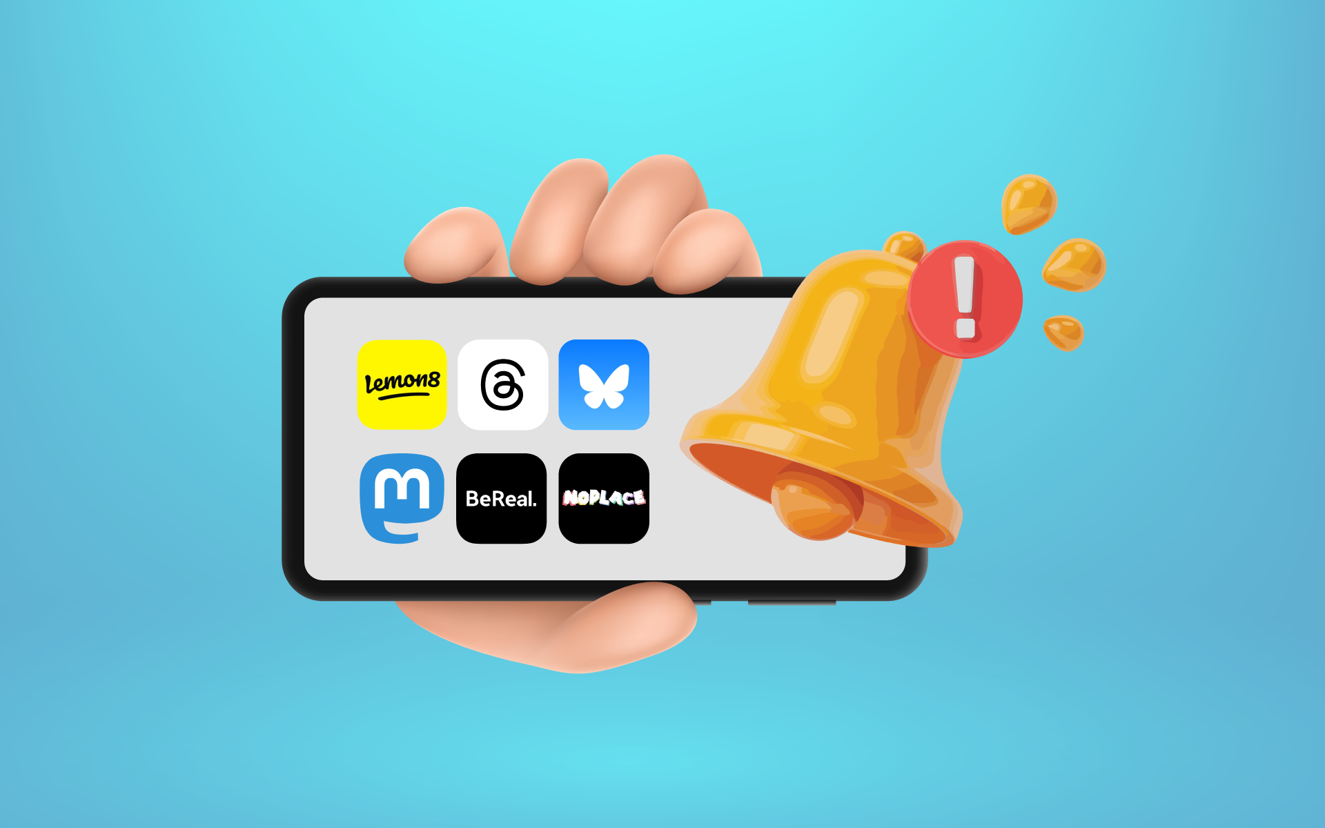 A hand holds a smartphone with icons for social platforms like Threads, BeReal, Bluesky, BeReal, Mastodon, and NoPlace