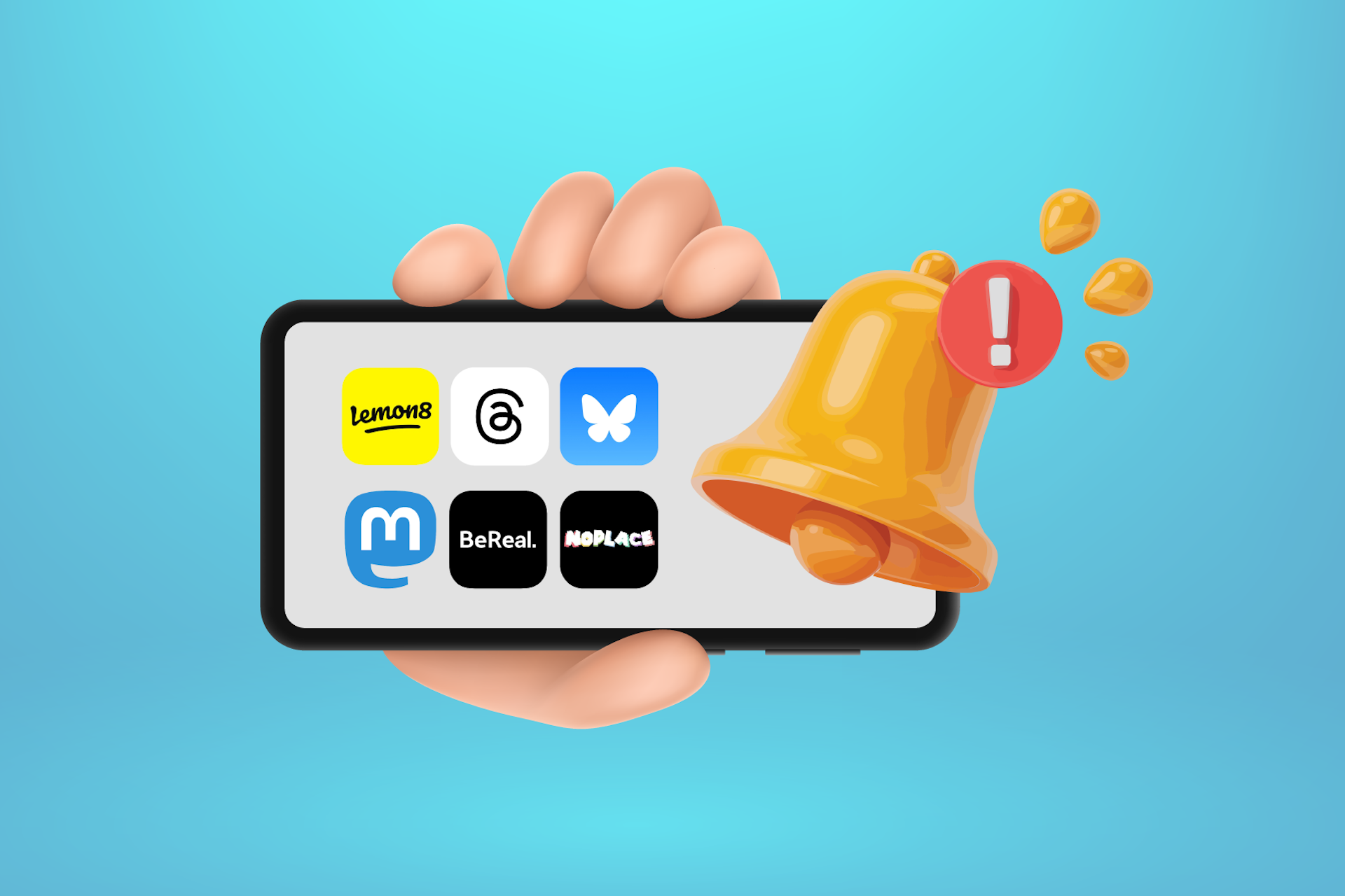 A hand holds a smartphone with icons for social platforms like Threads, BeReal, Bluesky, BeReal, Mastodon, and NoPlace