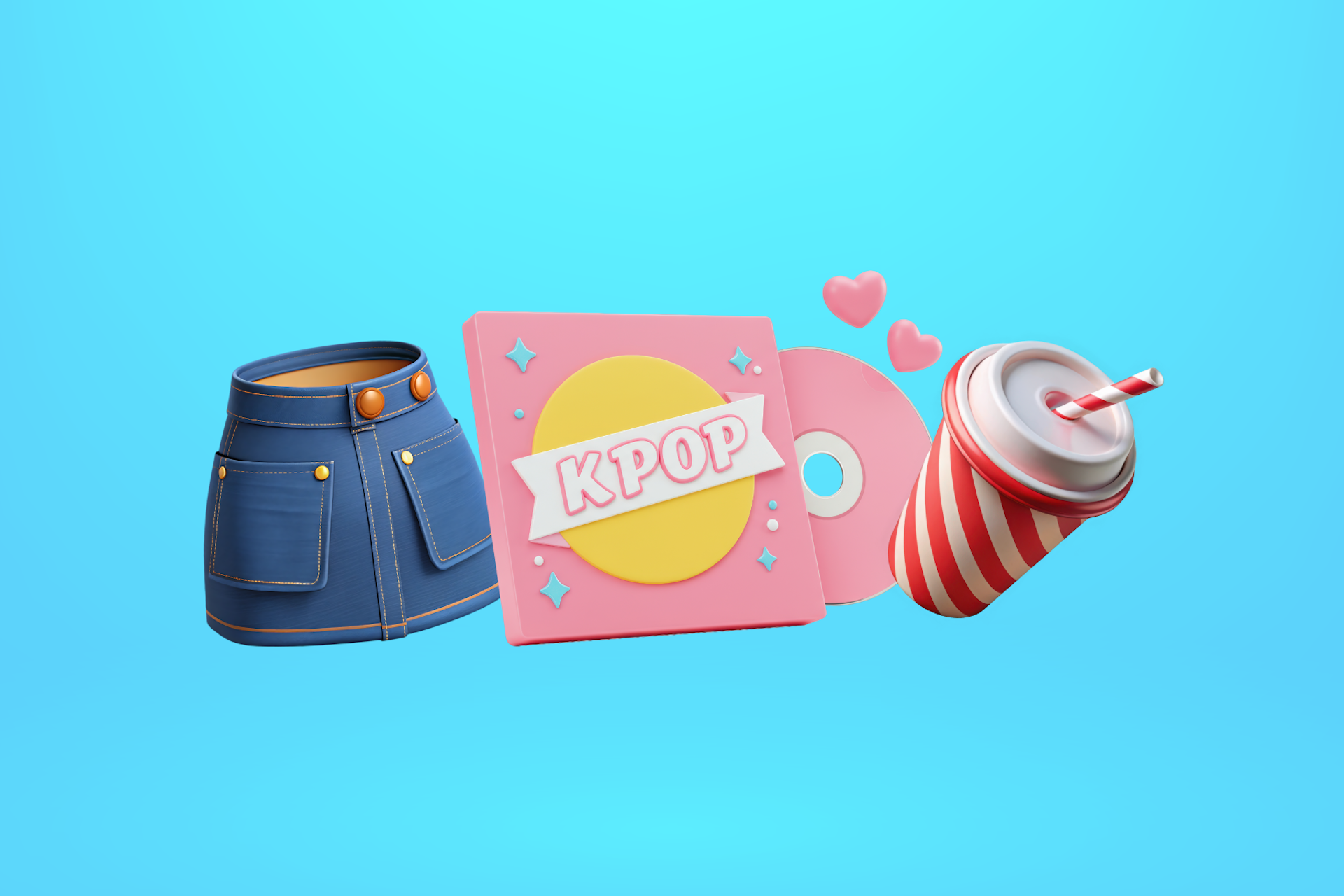 A denim skirt besidee a kpop cd beside a milkshake