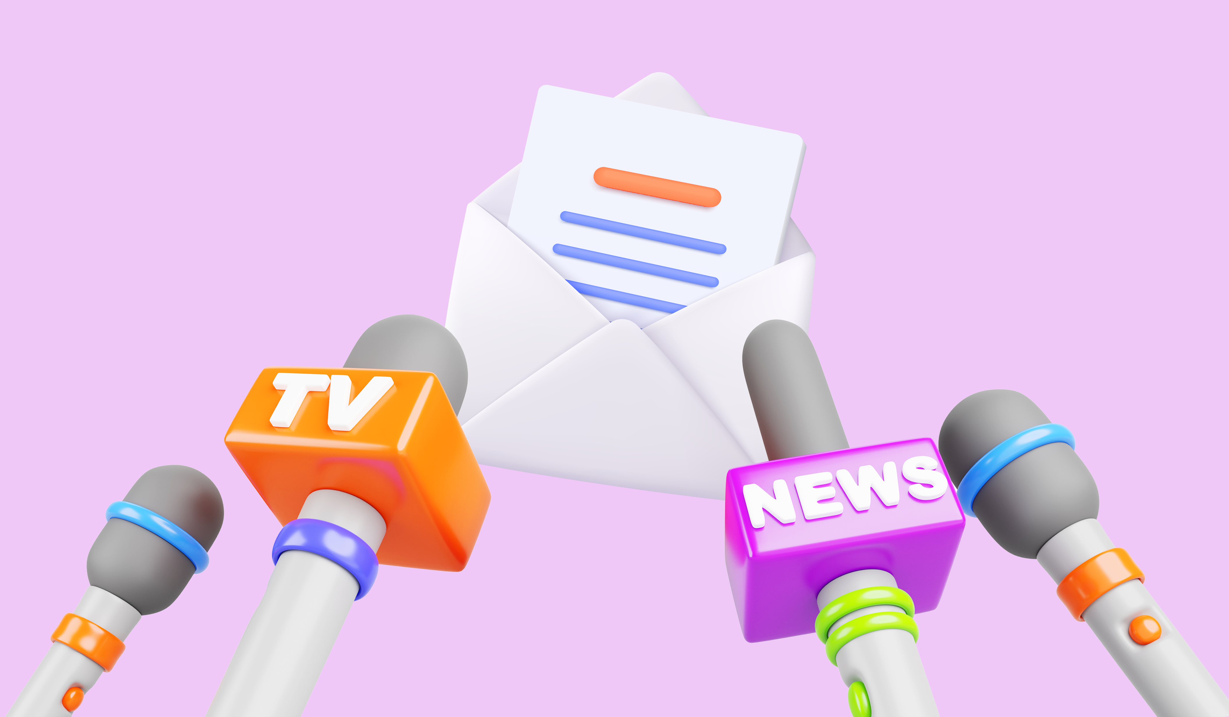 illustration of microphones for TV and News surrounding an open envelope representing a media pitch