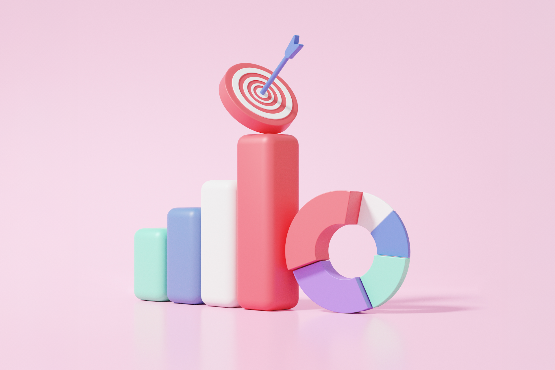 illustration of a target on top of a bar graph and pie chart representing how to measure press coverage