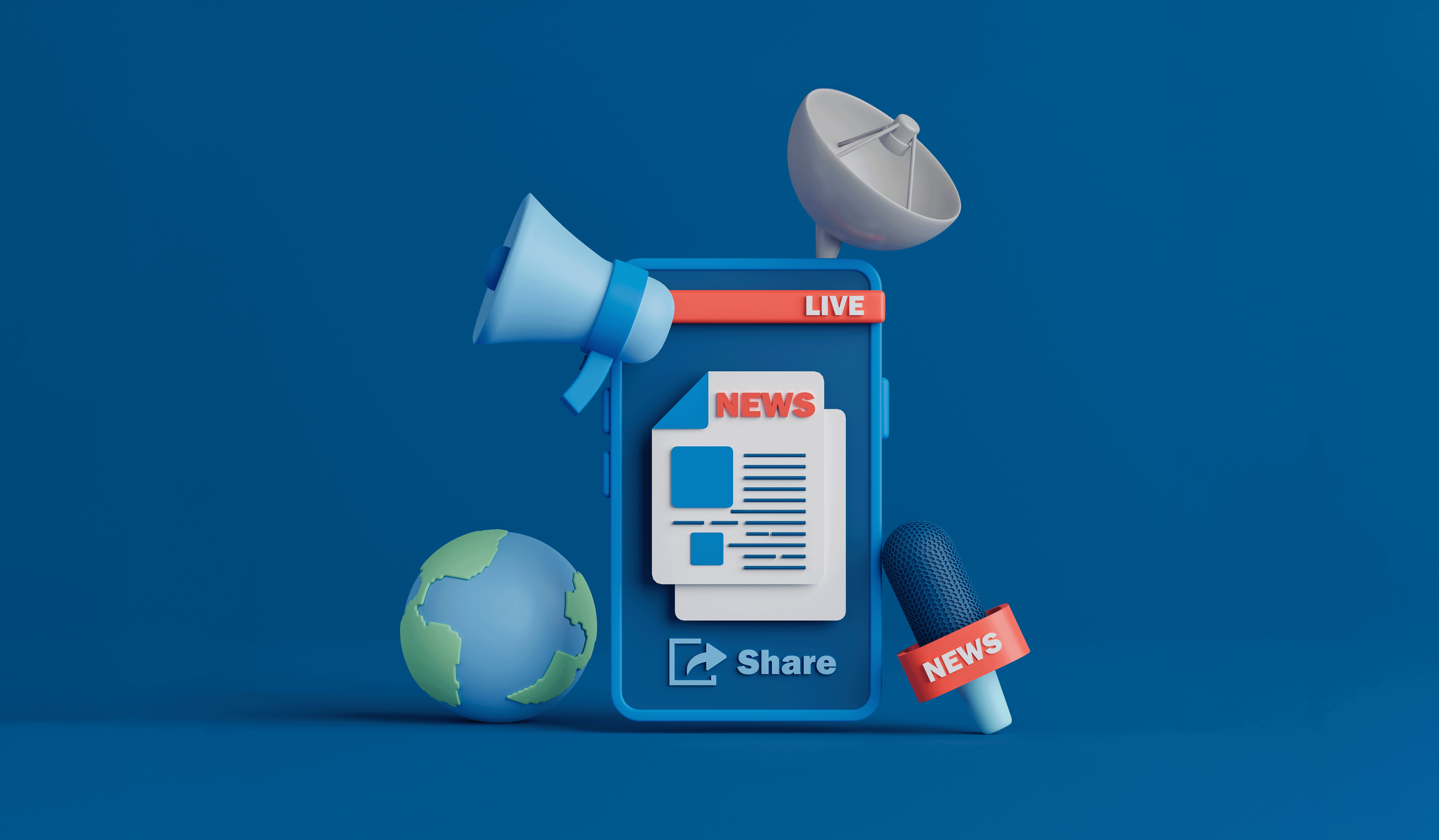 illustration of a smartphone with a news story surrounded by satellite and microphone icons representing media relations