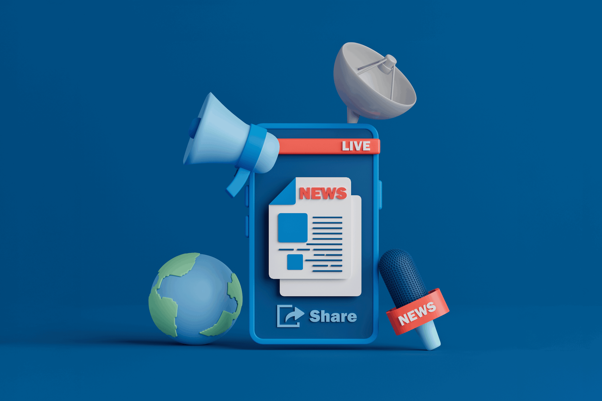 illustration of a smartphone with a news story surrounded by satellite and microphone icons representing media relations