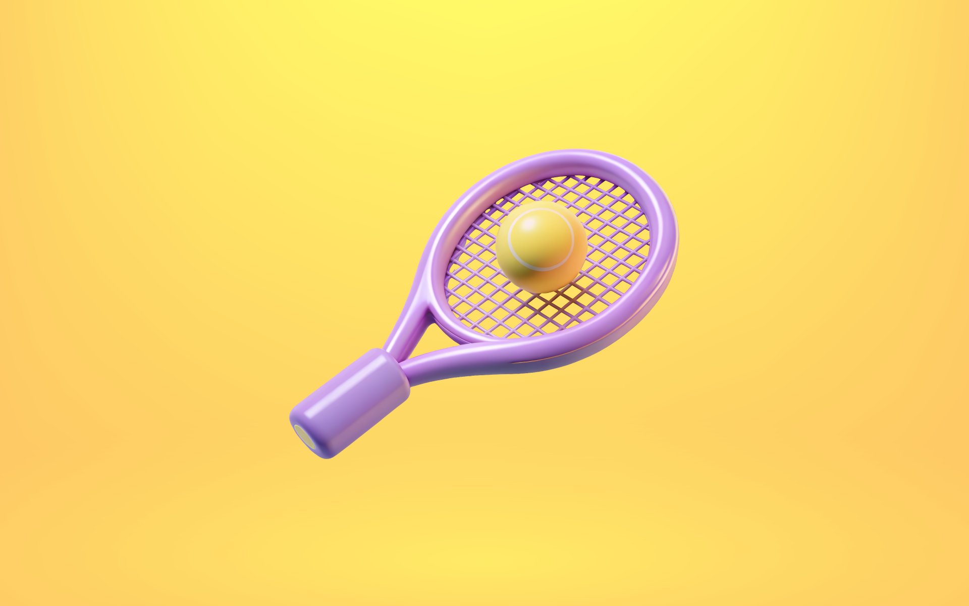 A yellow tennis ball sits in the middle of a purple tennis racket against a yellow background