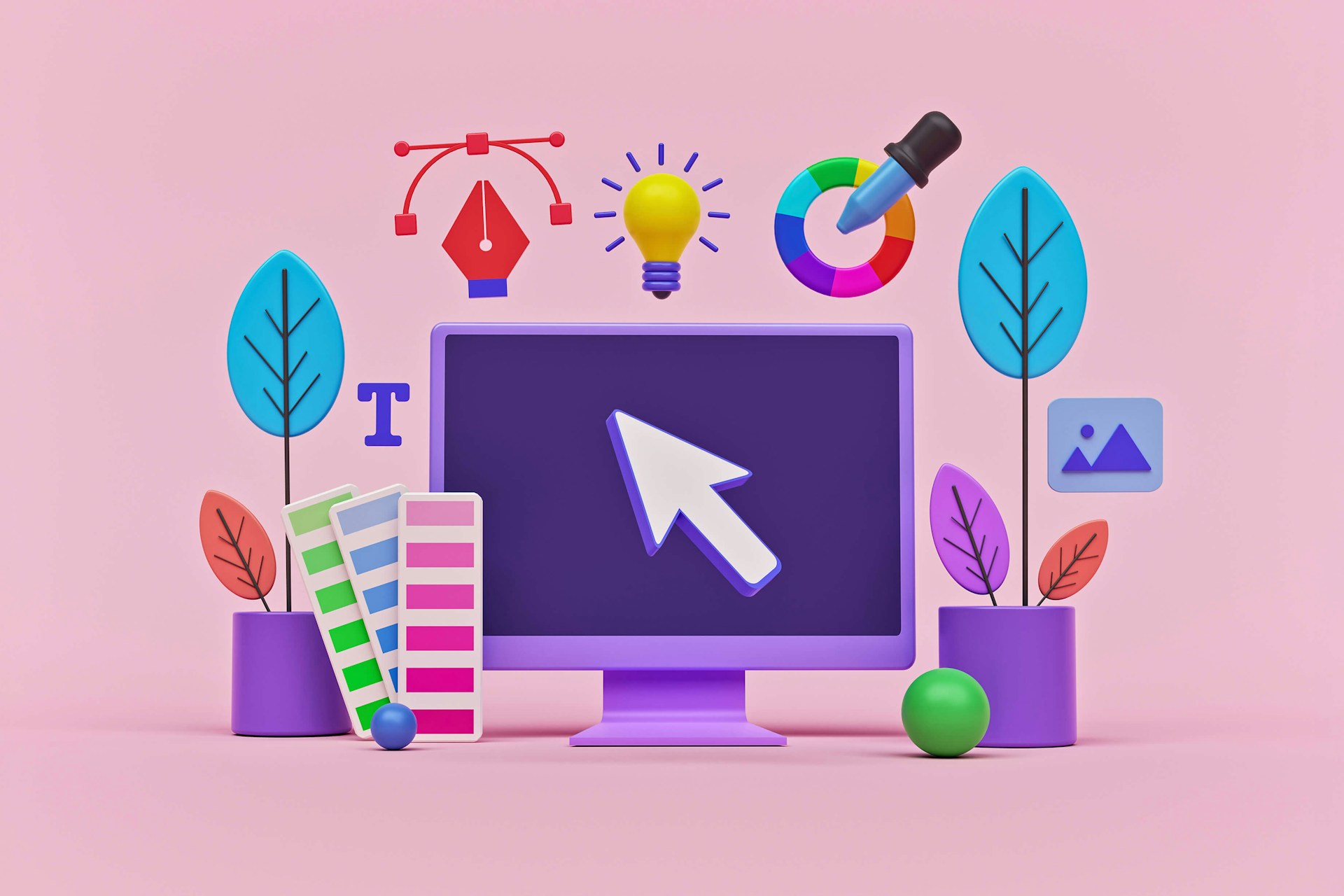 Illustration eines Computermonitors auf rosa Hintergrund mit verschiedenen Markenelementen, darunter Farbmuster und Farbpaletten, die die Markenführung repräsentieren.