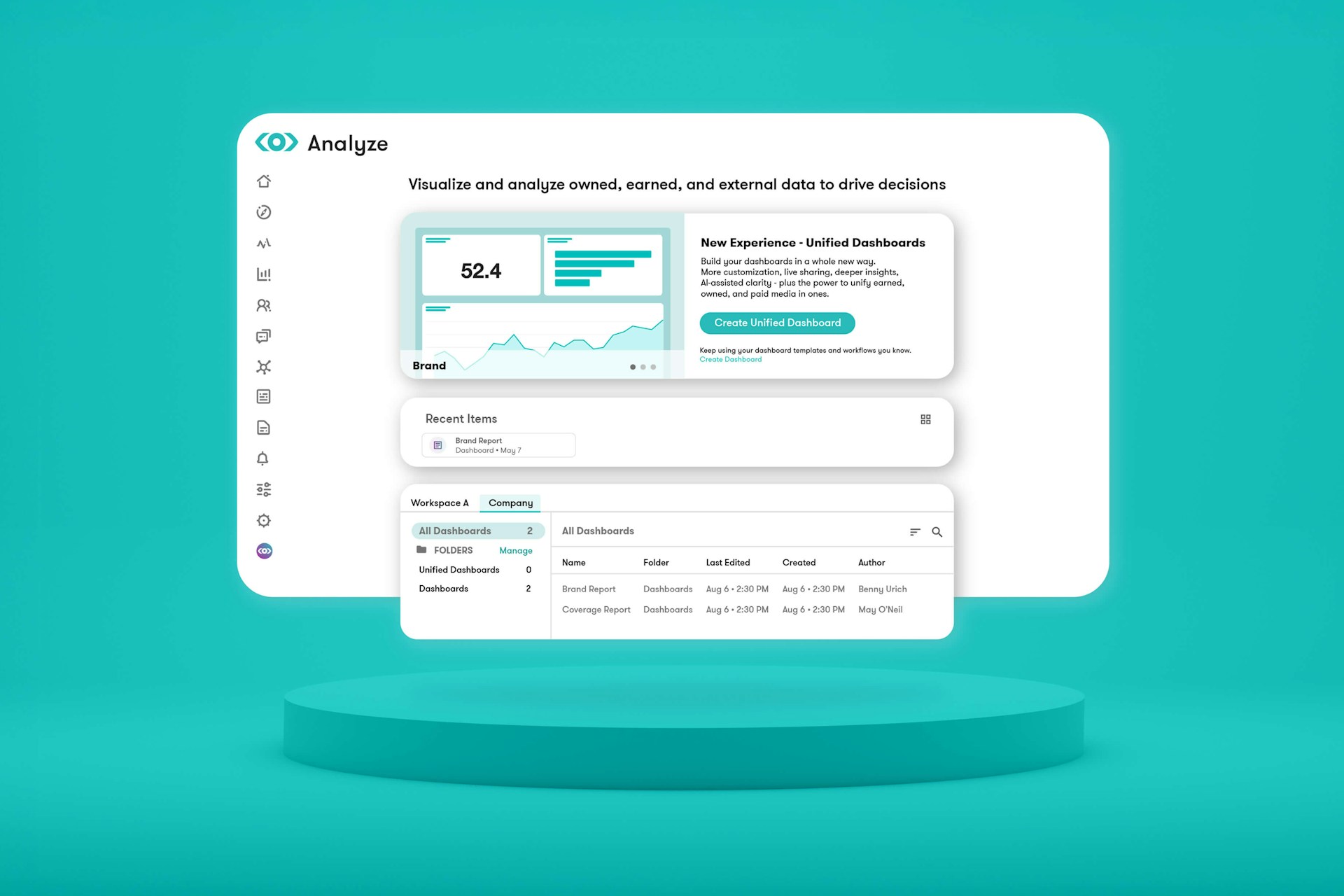 product screenshot of Meltwater's new Unified Dashboards on a teal background