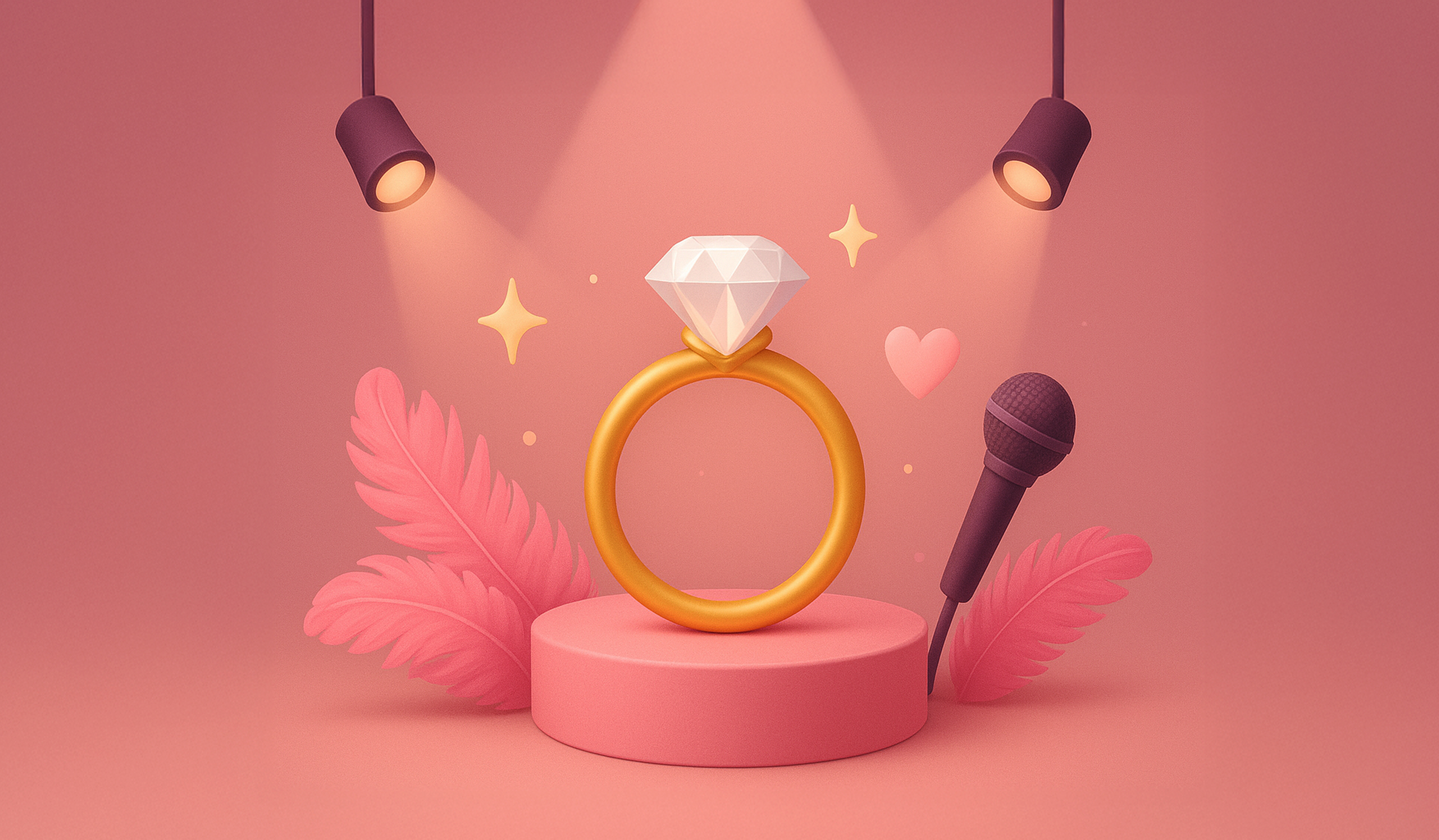 A ring is on stage under spotlights beside big pink feathers and a microphone