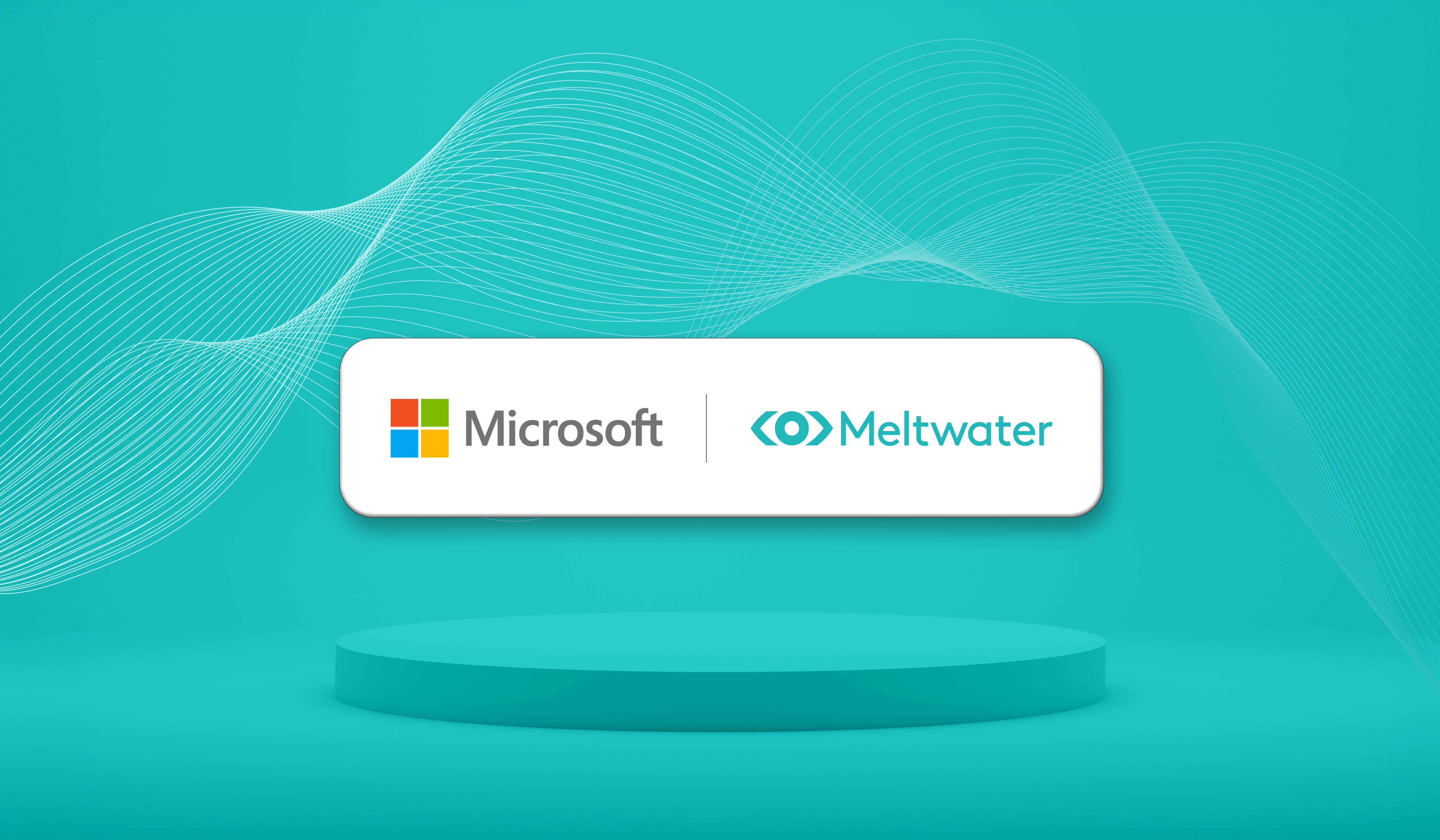 illustration of the Microsoft logo next to the Meltwater logo on a teal background
