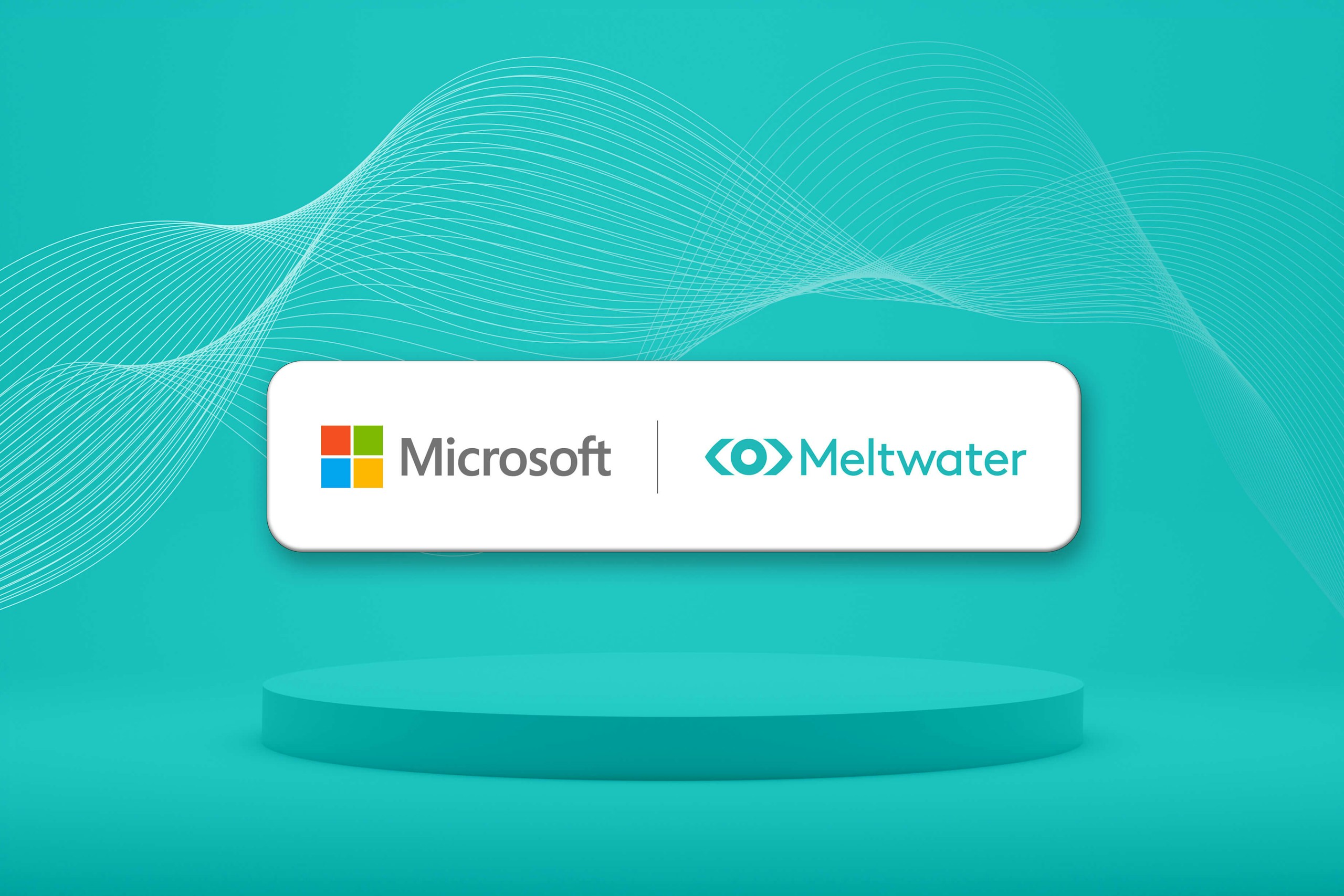 Abbildung des Microsoft-Logos neben dem Meltwater-Logo auf türkisfarbenem Hintergrund