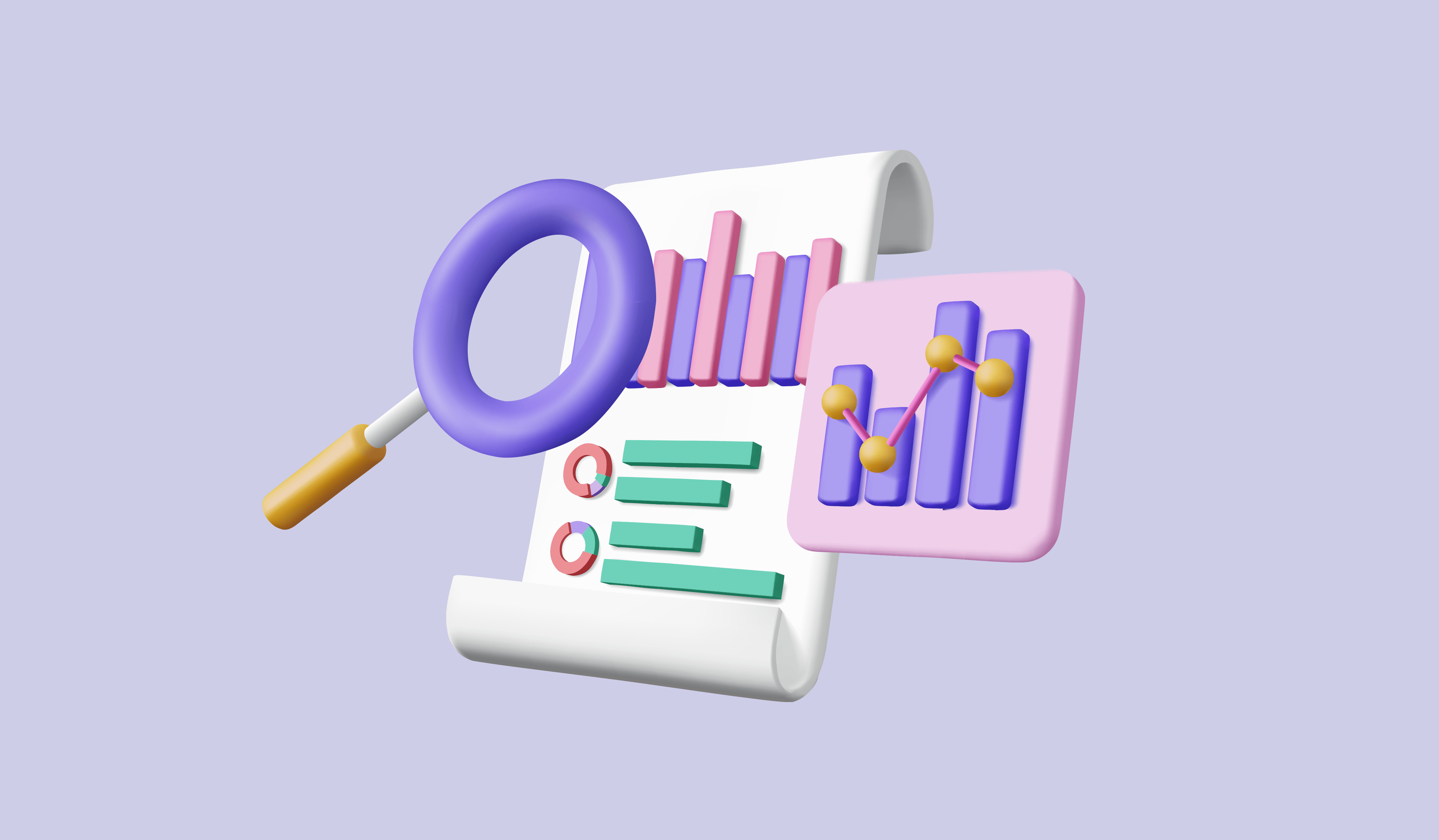 illustration of a pr report with different charts and a magnifying glass on a light purple background