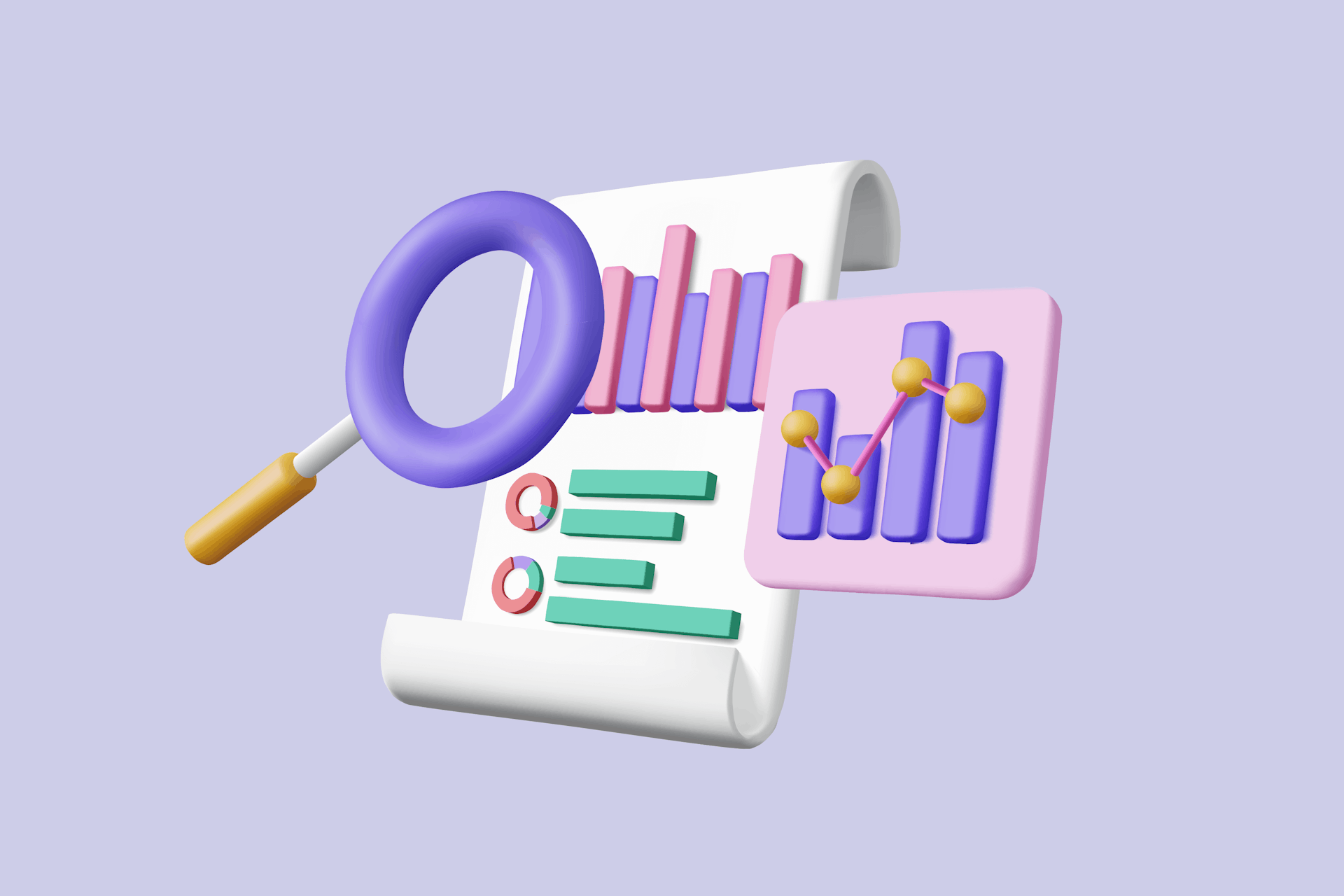illustration of a pr report with different charts and a magnifying glass on a light purple background