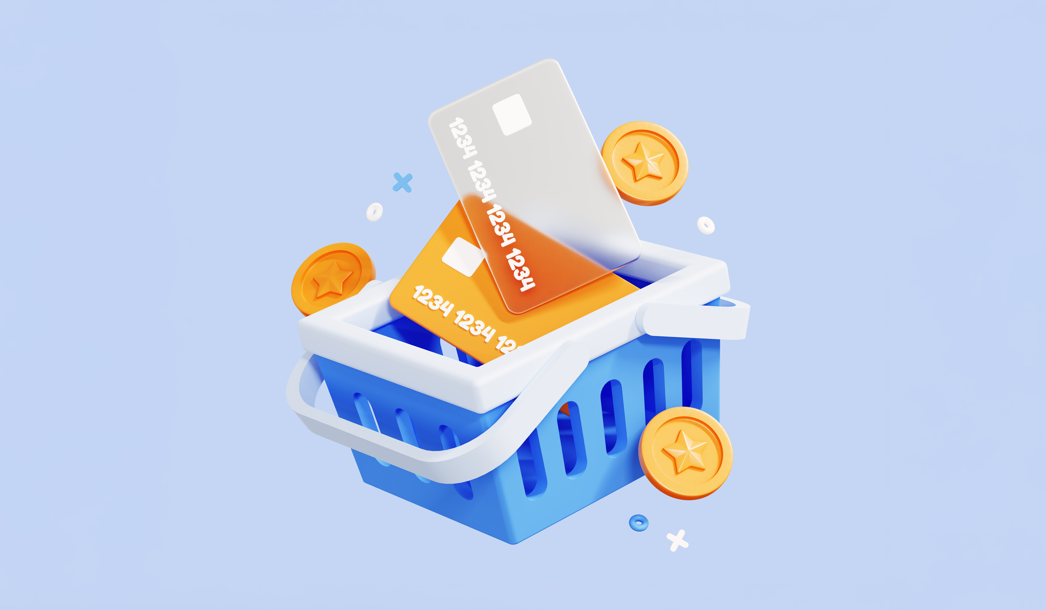 A shopping basket with credit cards and gold coins spilling out of it