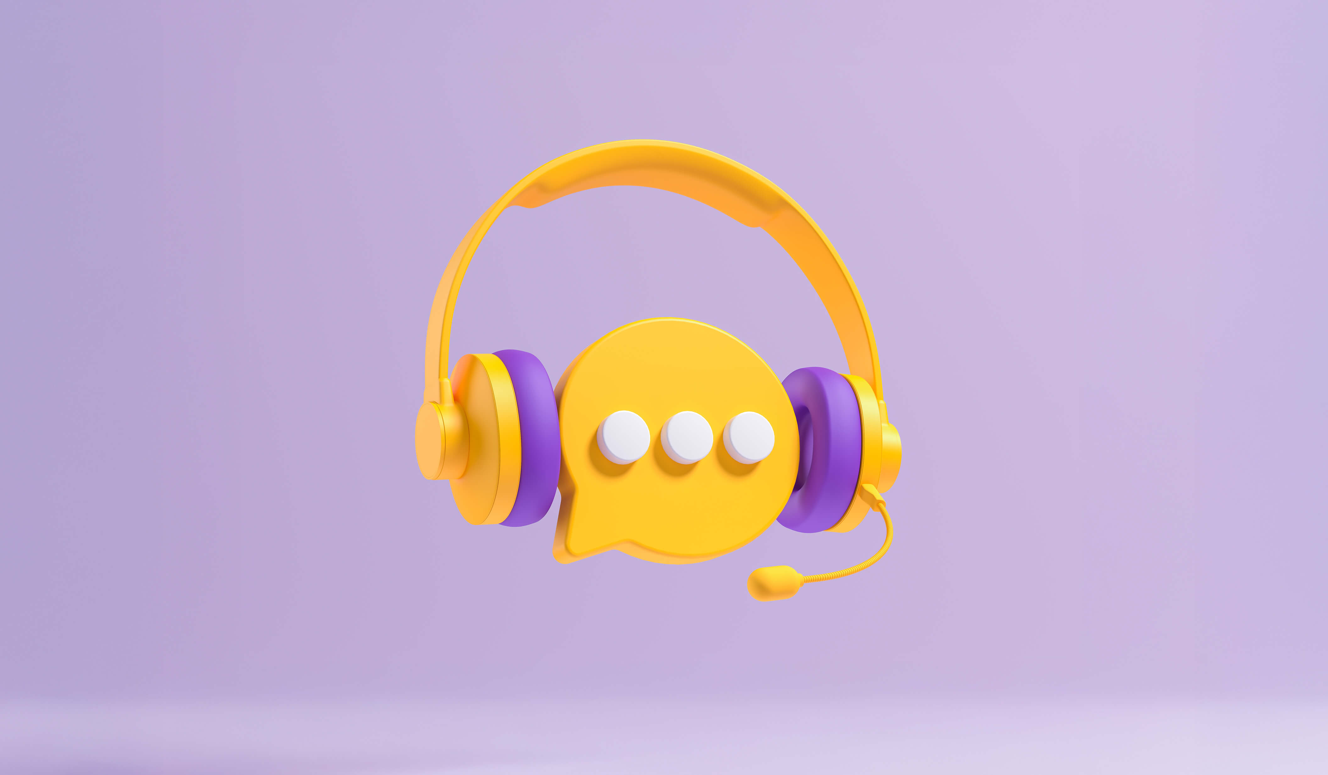 illustration of a yellow chat bubble wearing a headset on a purple background representing social media in customer care