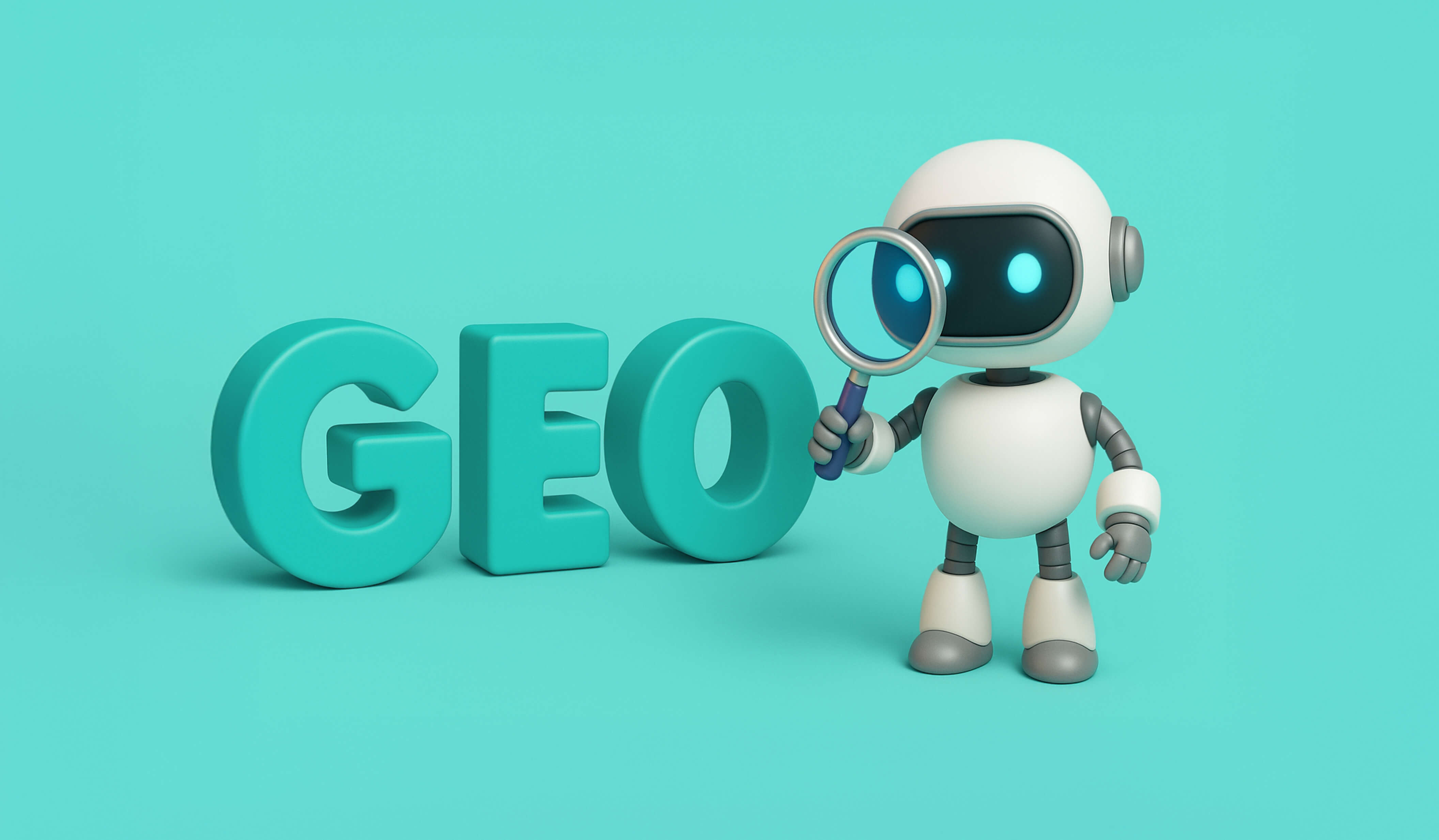 illustration d'un robot tenant une loupe à côté des lettres GEO