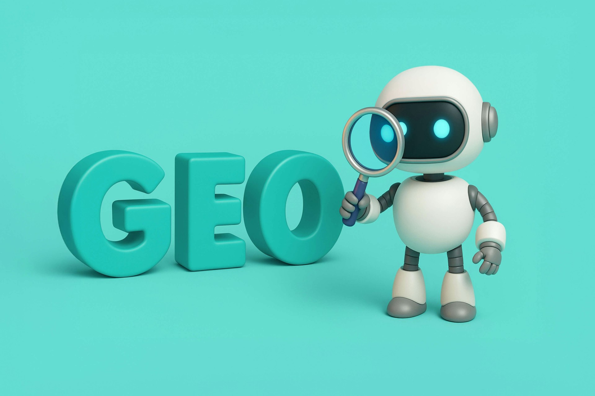 illustration of a robot holding a magnifying glass next to letters GEO