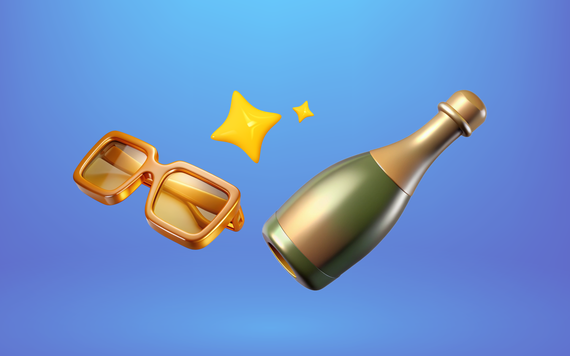 Sunglasses, stars, and a champagne bottle against a blue background for a Meltwater blog about types of influencers that alcohol brands can partner with